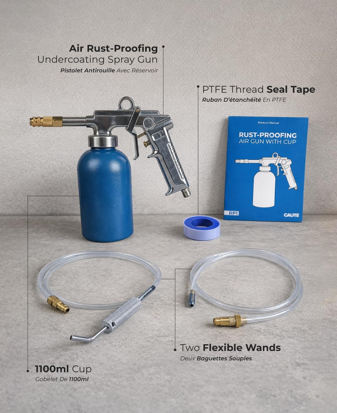 Caute Air Rust-Proofing Undercoating Spray Gun, 1100ml Cup, 58-87 PSI, with Two Flexible Wands and PTFE Thread Seal Tape