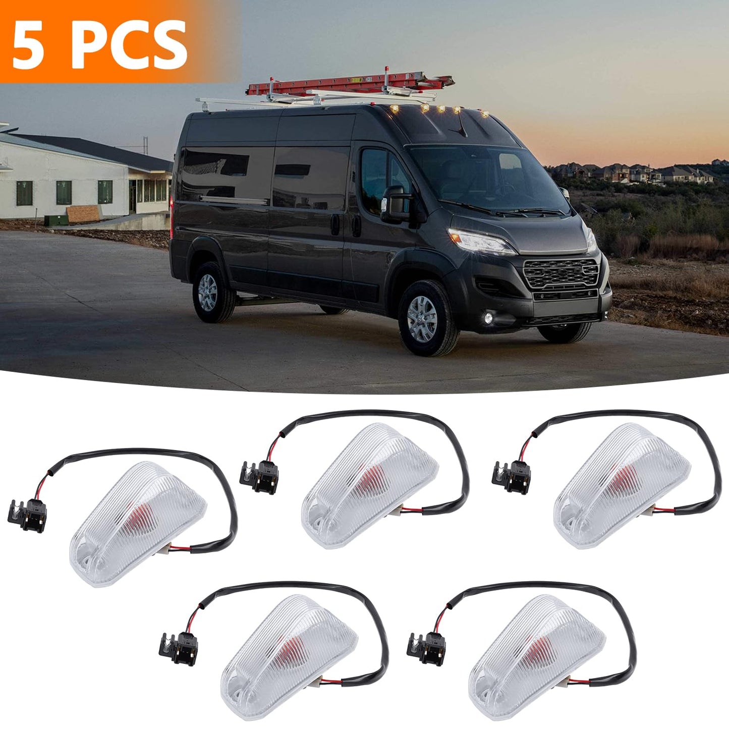 IFYKIM 5PCS Cab Roof Marker Lights Top Roof Clearance Running Lights Compatible with 2014-2026 Dodge Ram ProMaster 1500 2500 3500 Replace# 926-109 68232473AA/AB/AC/AD (Clear Lens Amber Halogen Lamp)