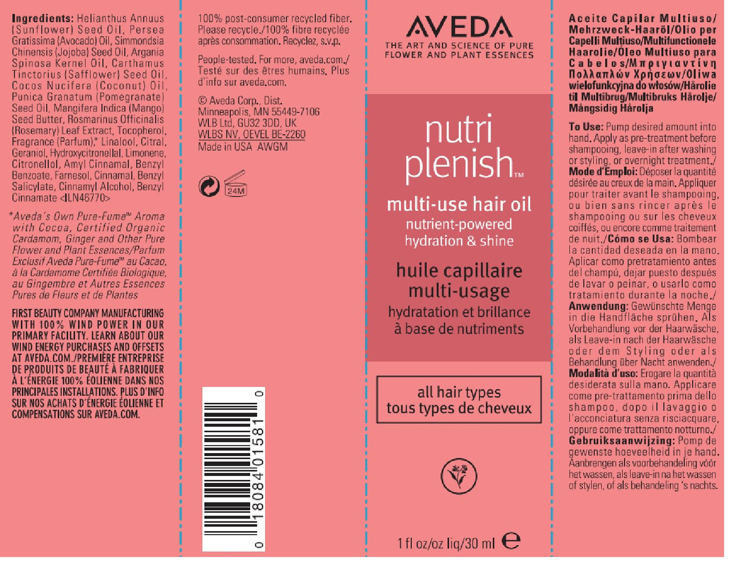 Aveda Nutriplenish Multi-Use Hair Oil | Pre-Shampoo Treatment, Styling, Overnight Oil, Leave-In Treatment | Hydrating Hair Oil | 100% Naturally Derived*, 30ml