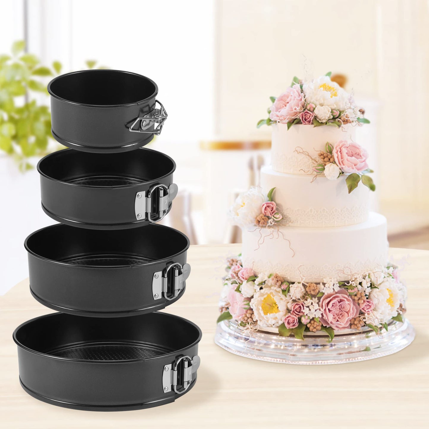 isheTao Springform Cake Pan Set of 4 (4” 7” 9” 10”), Black Cheesecake Pan, Round Nonstick Baking Pans Spring Form for Cheesecake, Removable Bottom, Leakproof Bakeware Sets