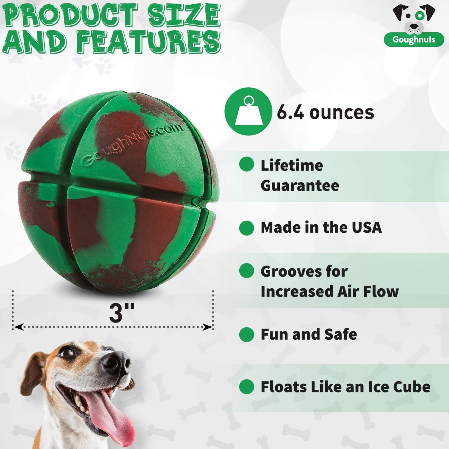 Goughnuts Dog Chew Toys Rubber Ball Virtually Indestructible Dog Toys for Aggressive Chewers | for Medium and Large Dogs 30-70 Pounds - Green