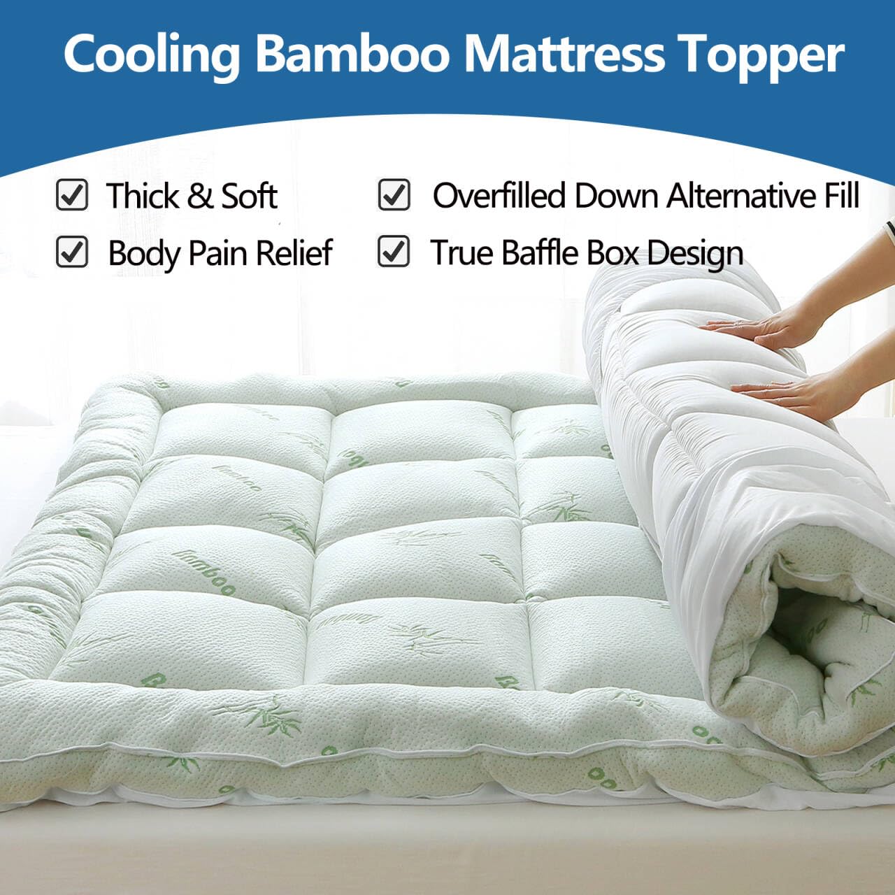 Bamboo Mattress Topper Queen Size, Cooling Extra Thick Breathable Mattress pad with 8-21”Deep Pocket, Soft Quilted Fitted Mattress Cover with Down Alternative Fill,60 x 80 Inch