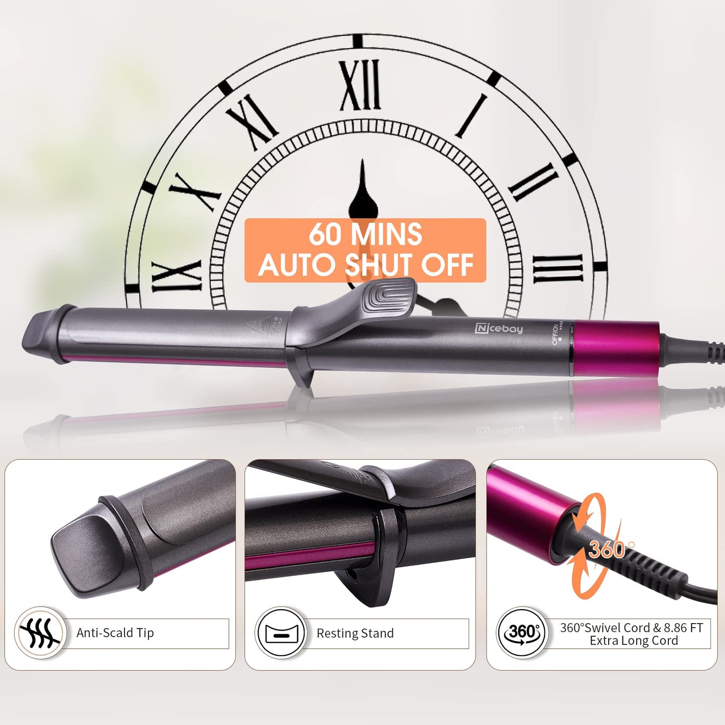 1 1/4 Inch Long Barrel Curling Iron - 1.25 Ceramic Hair Curling Iron,Professional Hair Curler for Long Hair,dual voltage,Rapid 430°F Heating, Temperature LED Display, 6 Temperature Settings