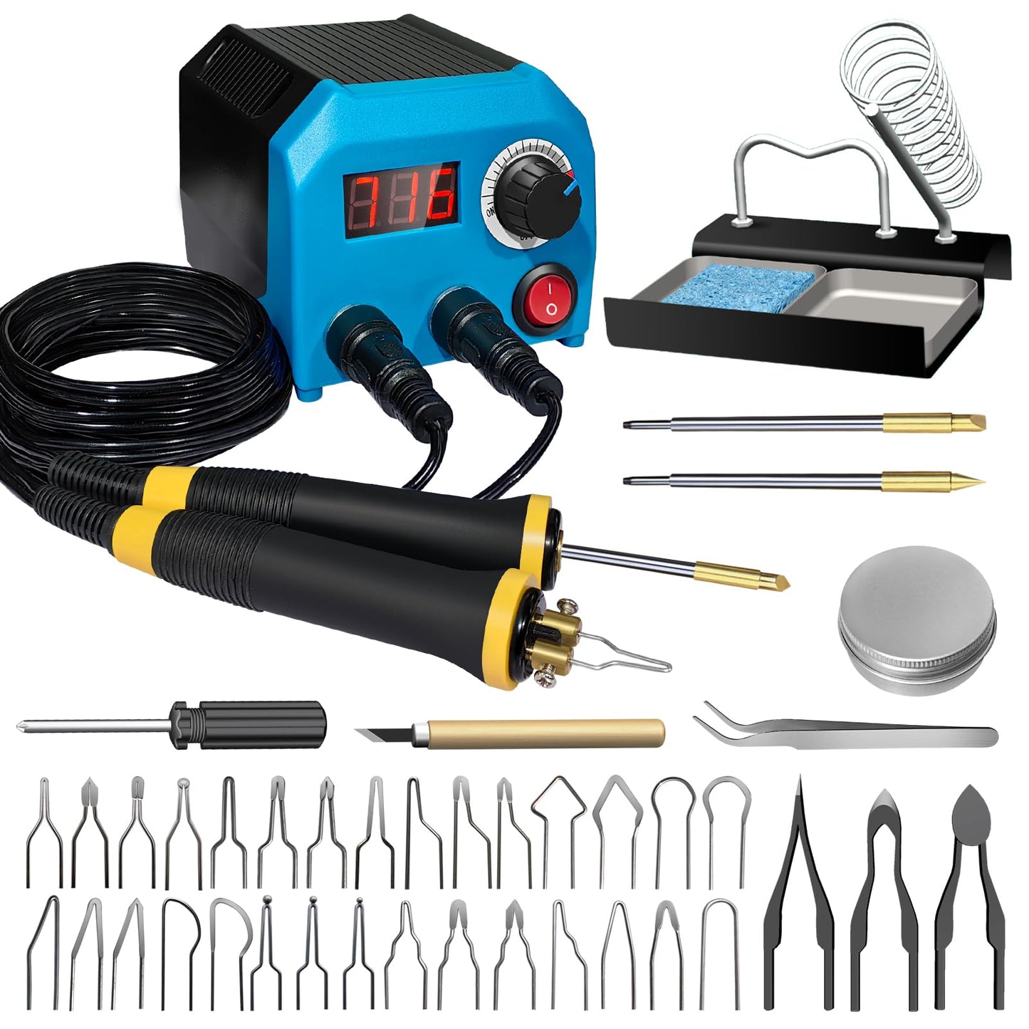 FIRElood LH55-T2-NS2-C Wood Burner kit Wood Burning Tool Pen 200~750℃, Wood Burning kit with Digital Thermometer Temperature Adjustable Temperature, 2 pyrographic Wood Burning pens, 36 Pen Tips