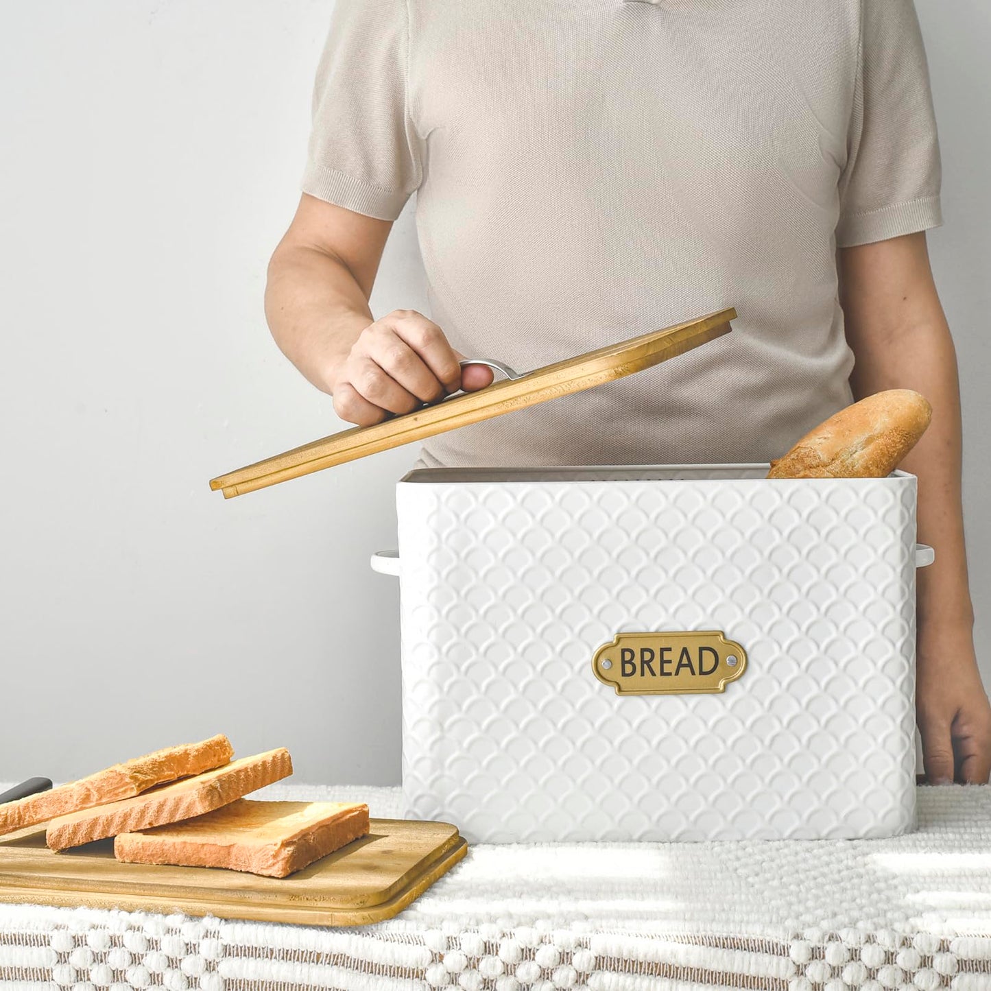 EMAX HOME Extra Large Space Saving Farmhouse Bread Box With Wood Lid - Holds 2 Loaves - Vertical Breadbox Bread Storage Bin Holder for Kitchen Countertop, White
