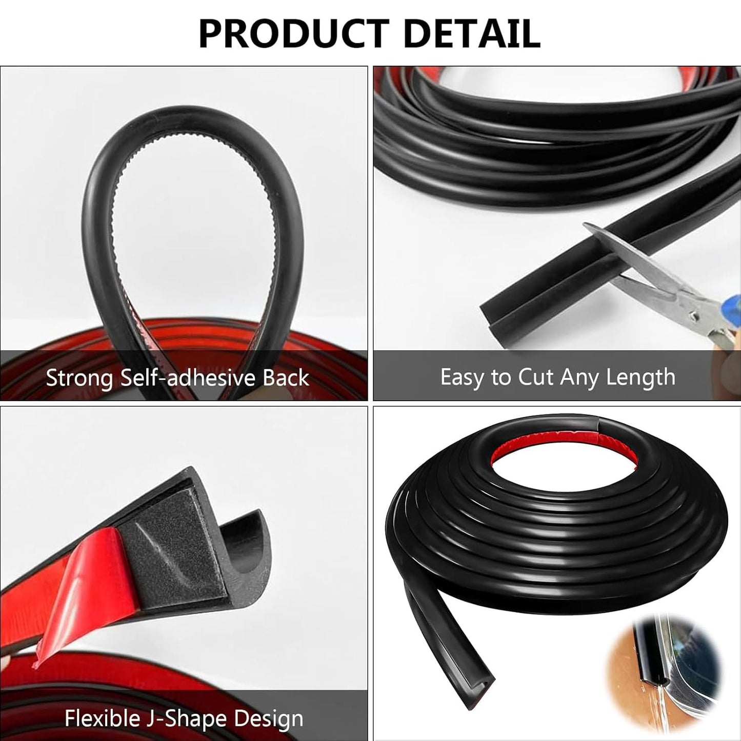 Yharnamite J Shape RV Rain Gutter, 10M Length Rubber Drip Strip with Adhesive Backing, Roof Rain Diverter Strip to Control Water Runoff, for Cars, Vans, Truck, Boat, RV (Black)