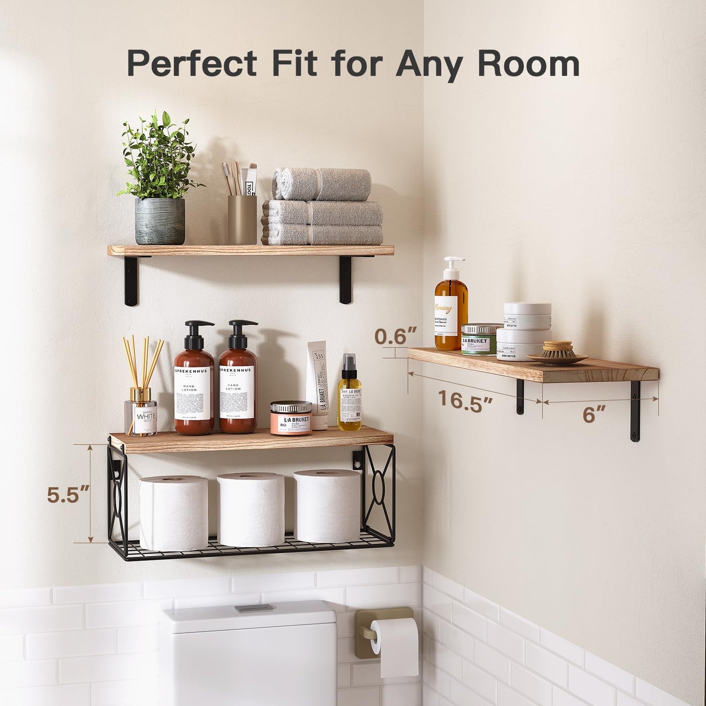 AMADA HOMEFURNISHING Bathroom Shelves with Storage Basket, Floating Shelves for Home Organization & Wall Decor, 3 Set Natural Wood Wall Shelf for Bathroom/Bedroom/Kitchen, Natural Wood