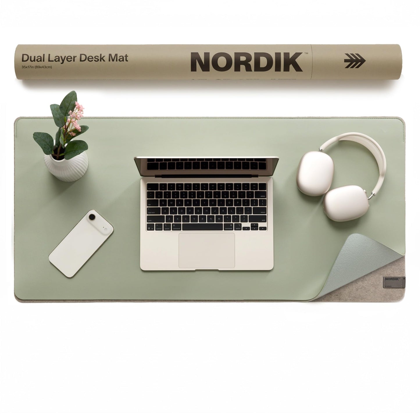 Nordik Felt and Leather Desk Mat - Willow Haze Sage - 89x43cm - Felt and Vegan Leather Desk Blotter with Document Hideaway - Large Computer Mats for Desktop - Ideal Keyboard Mat for Office and Home