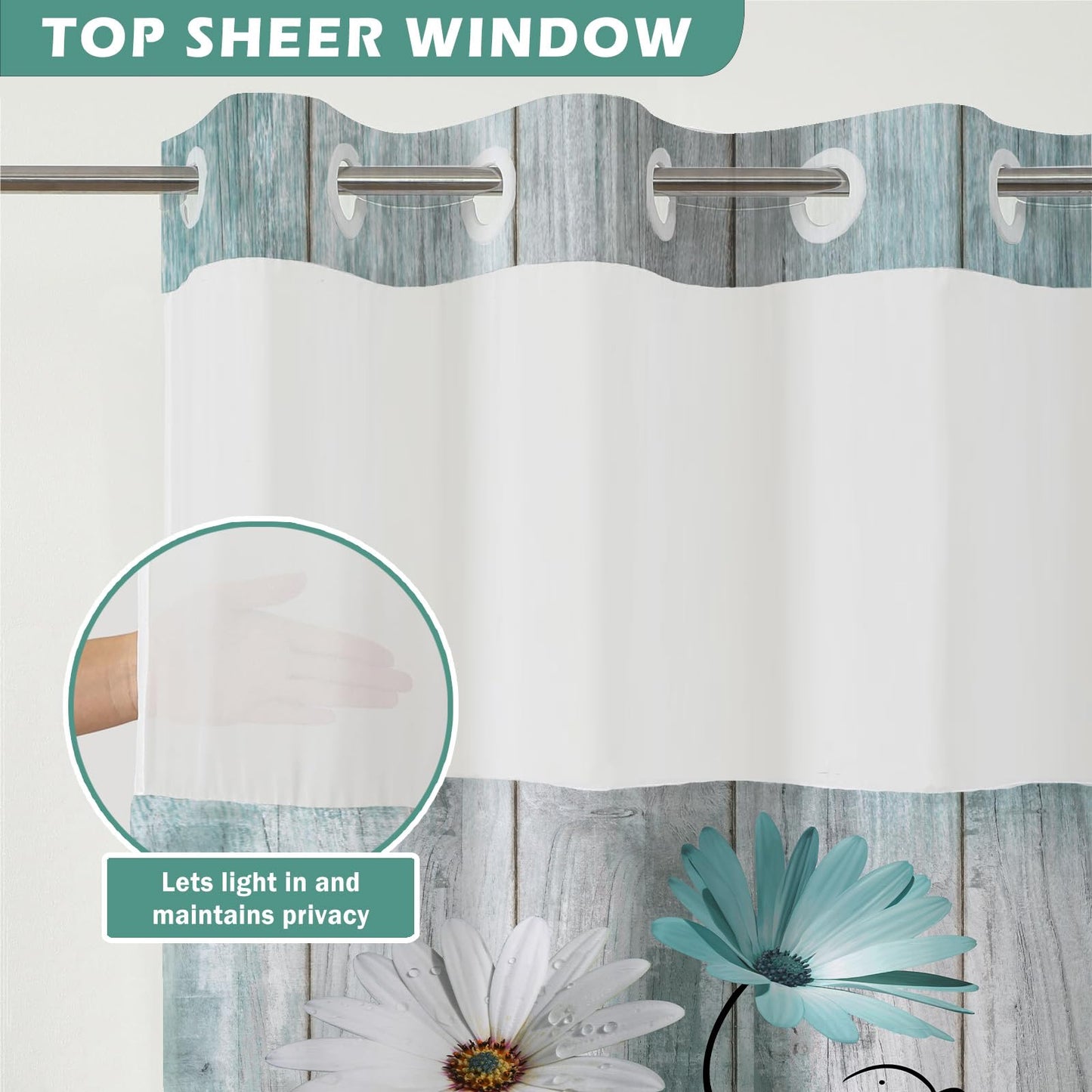 Shellspace No Hook 3 in 1 Shower Curtain with Snap in Liner, Teal and White Daisy Shower Curtain Set with See Through Top Window, Machine Washable Waterproof Polyester Fabric Bath Curtain, 71 x 74 in
