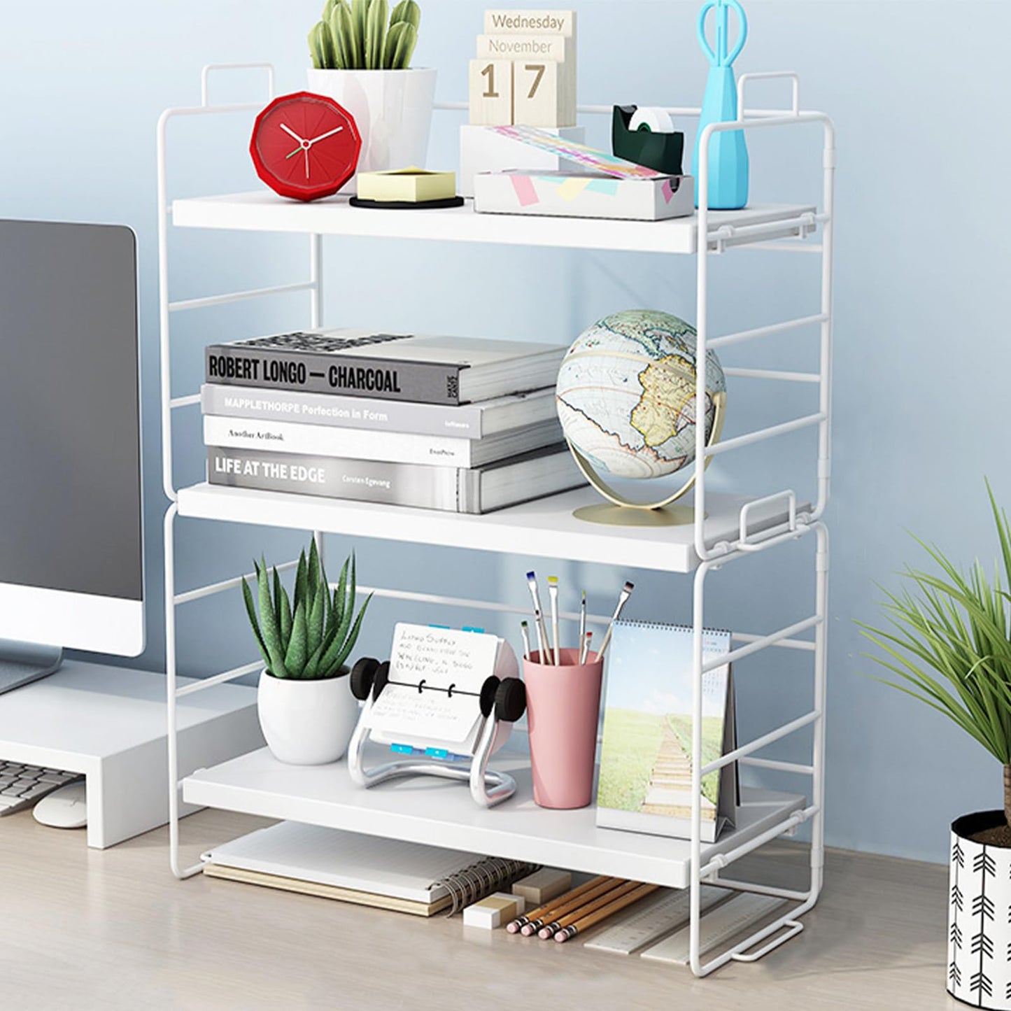 Desktop Organizer Shelf, 3 Tiers Desktop Bookshelf, Adjustable Desk Display Shelf, Small Bookshelf for Desktop Storage, Countertop Bookcase for Office Supplies, Home Decor and Kitchen (White)