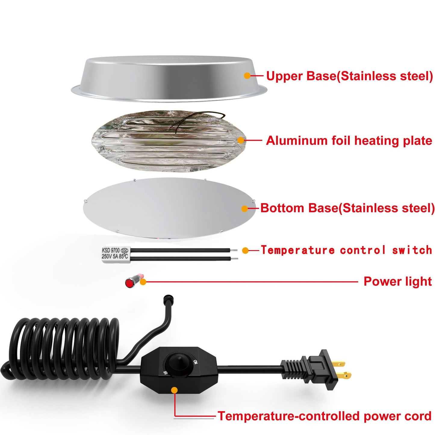 Chicken Water Heater, 11.8 Inch Stainless Steel Heated Chicken Waterer Base for Winter 5 Gallon with Thermostat Knob，with Anti-Bite Cable for Poultry Fountains Water Bowl Plastic Metal Waterer