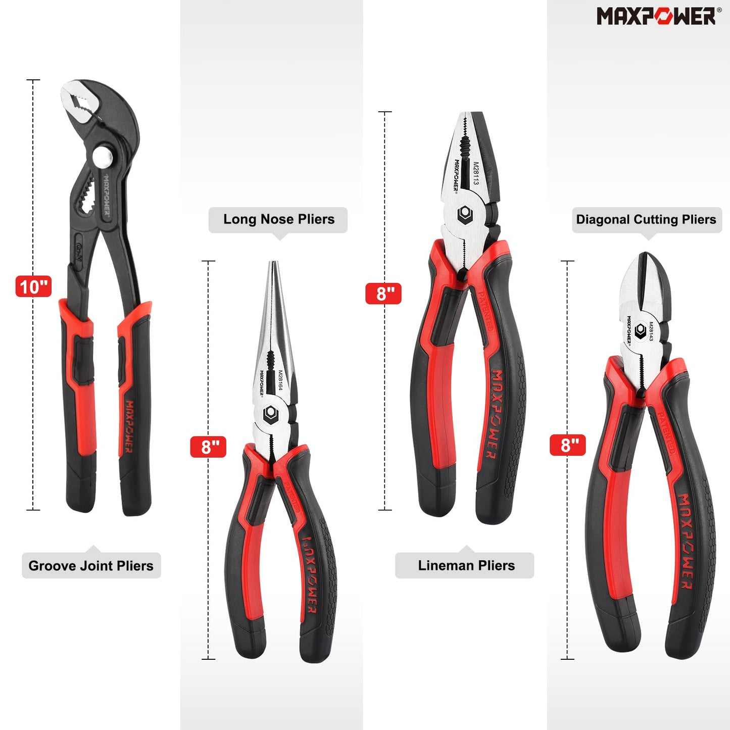 MAXPOWER 4 Piece Pliers Set, 8 inch Lineman Pliers, Diagonal Cutting and Long Nose Pliers, 10 inch Groove Joint Pliers