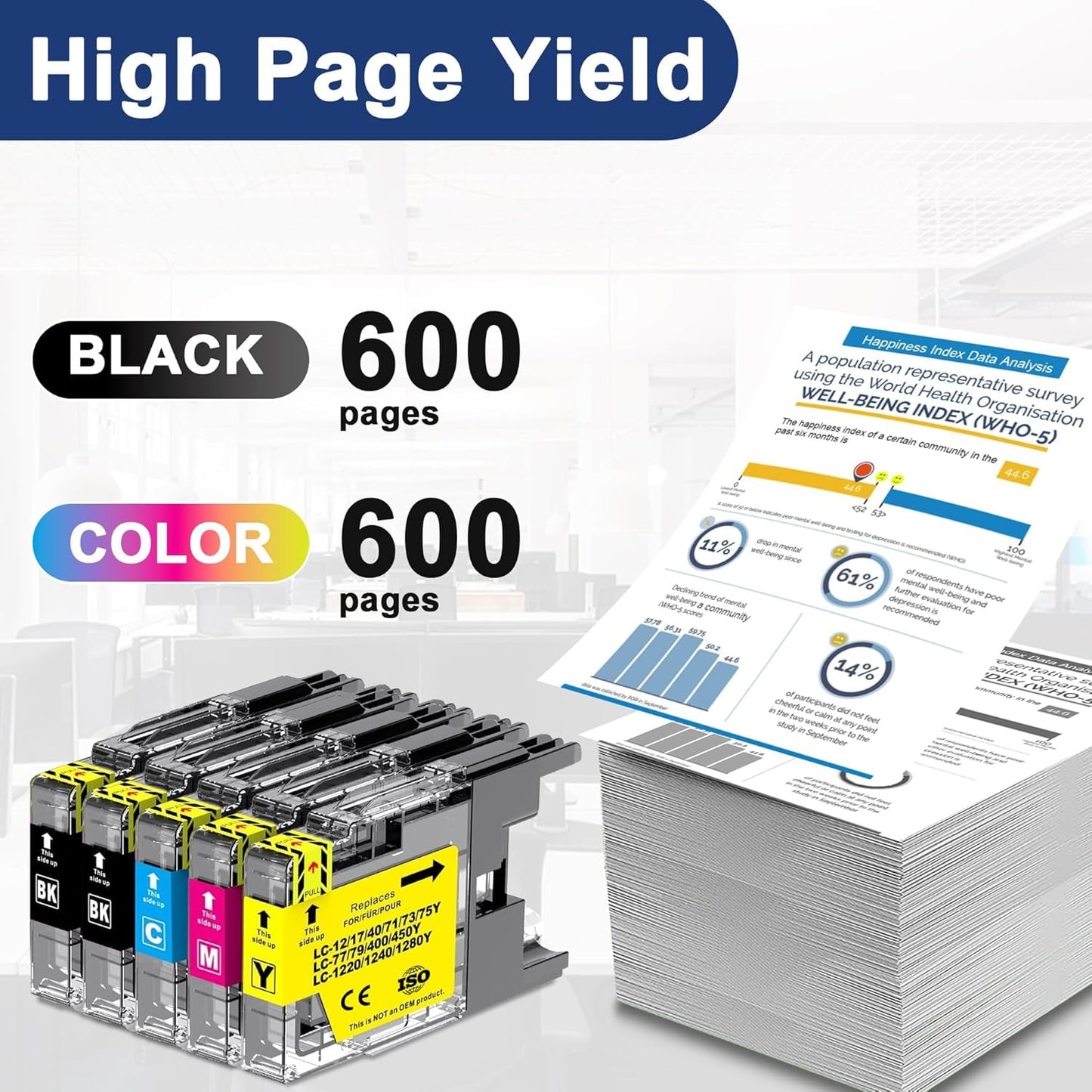 LC75 High Yield Ink Cartridge Replacement for Brother LC75 LC71 LC79 XL Use with MFC-J6510DW MFC-J6710DW MFC-J6910DW MFC-J280W MFC-J425W (2 Black, Cyan, Magenta, Yellow) 5 Pack