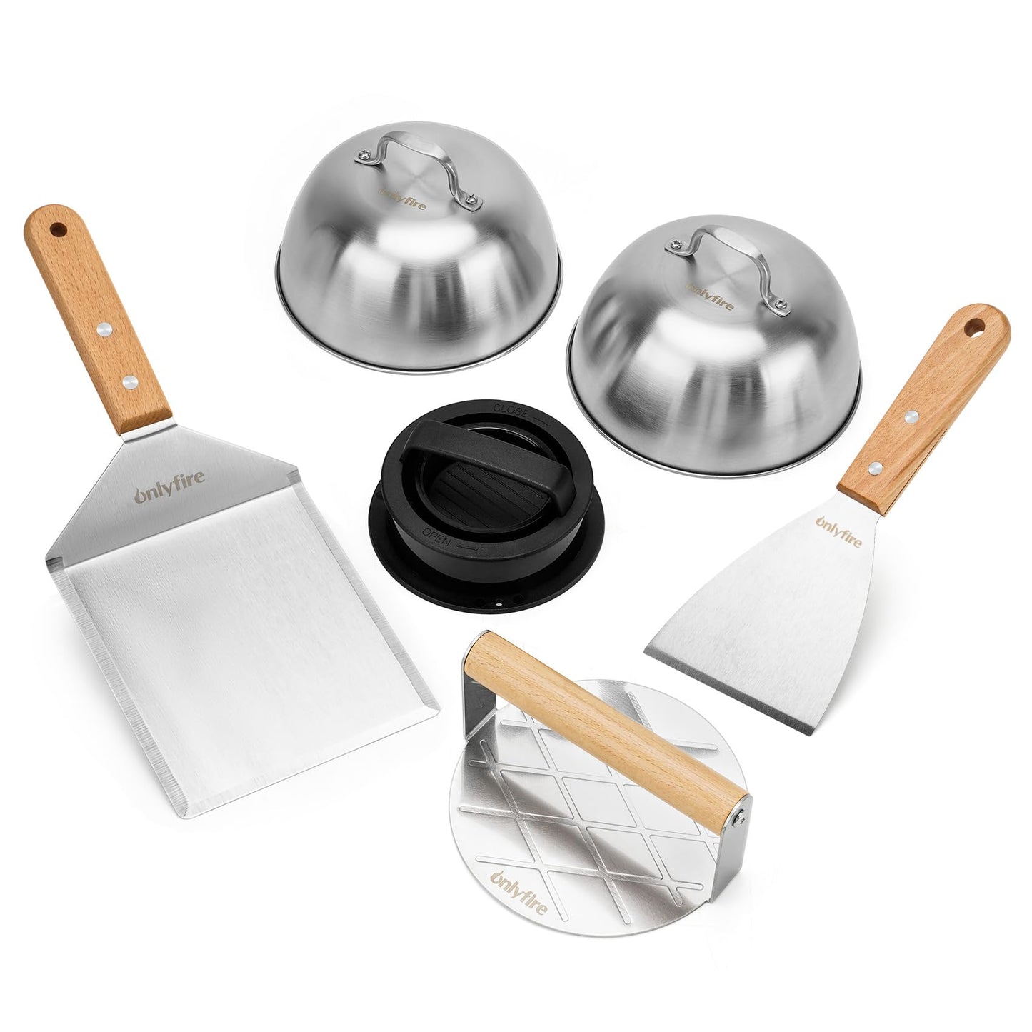 onlyfire 6PC Burger Set, Cheese Melting Dome & Burger Press Kit, Basting Cover with Burger Smasher & Grill Spatula & Hamburger Press Patty Maker for Outdoor Griddle BBQ