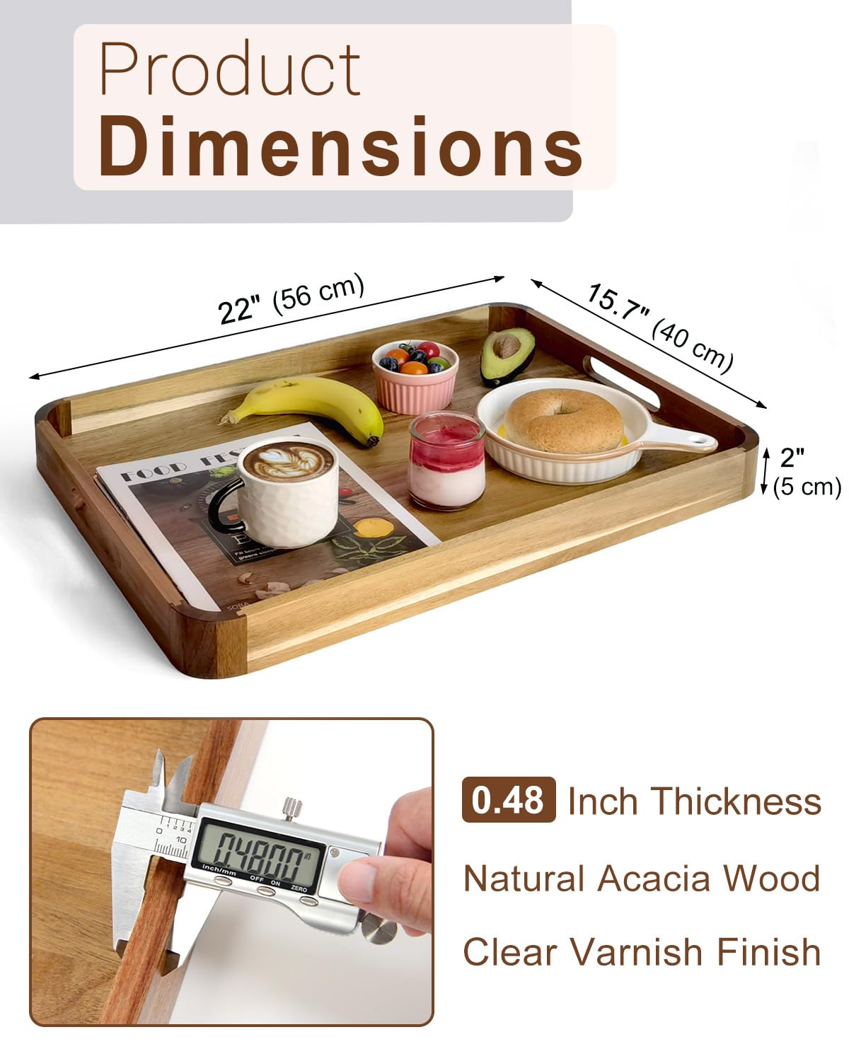 OurMiao 22 Inches Acacia Wood Serving Tray with Handles, Large Wooden Rectangle Ottoman Tray, Nice Home Decor for Living Room Coffee Table Couch, Ideal Size for Serving Food Breakfast BBQ Party