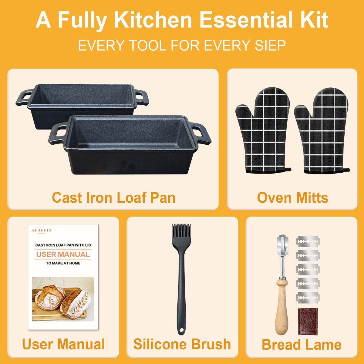 AO LI GEI Cast Iron Bread Pan with Lid 2 in 1 Loaf Pans Set with 9×5 Inch Loaf Pans for Homemade Bread, Sourdough Baking Pan, Oven Mitts, Lame Baking Tool, Silicone Basting Pastry Brush for Baking