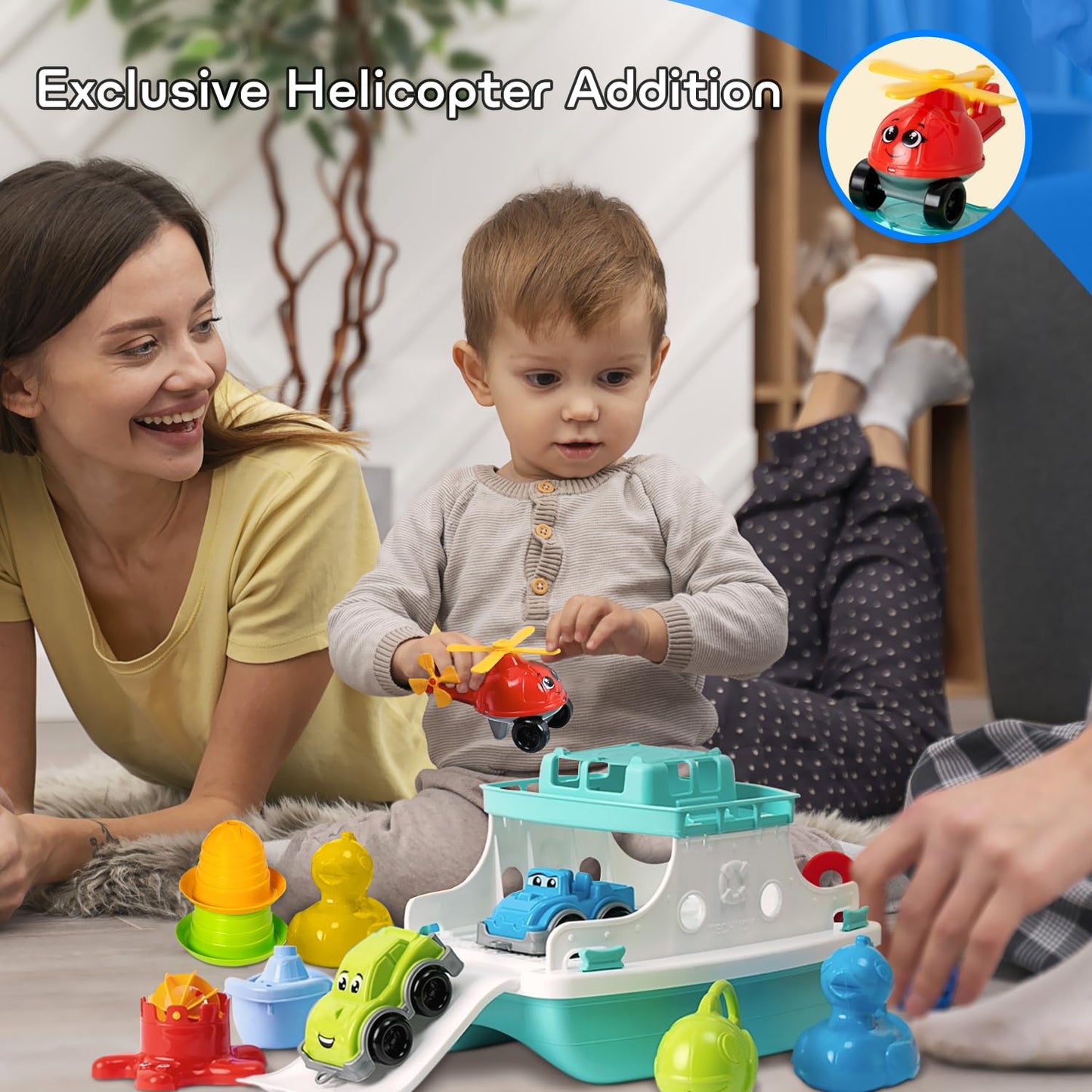 Ferry Boat Toys Set with Helicopter 2 Cars | Baby Bath Toys for Toddlers with Stacking Cups | Baby Water Toy with Bath Boats Train for Girls and Boys
