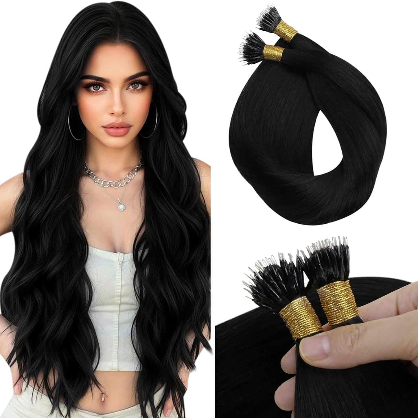Sunny Hair Nano Beads Hair Extensions For Women Real Human Hair Remy Nano Tip Hair Extensions Human Hair Cold Fusion Loop Ring Nano Link Extensions Black 50G/50S 24inch