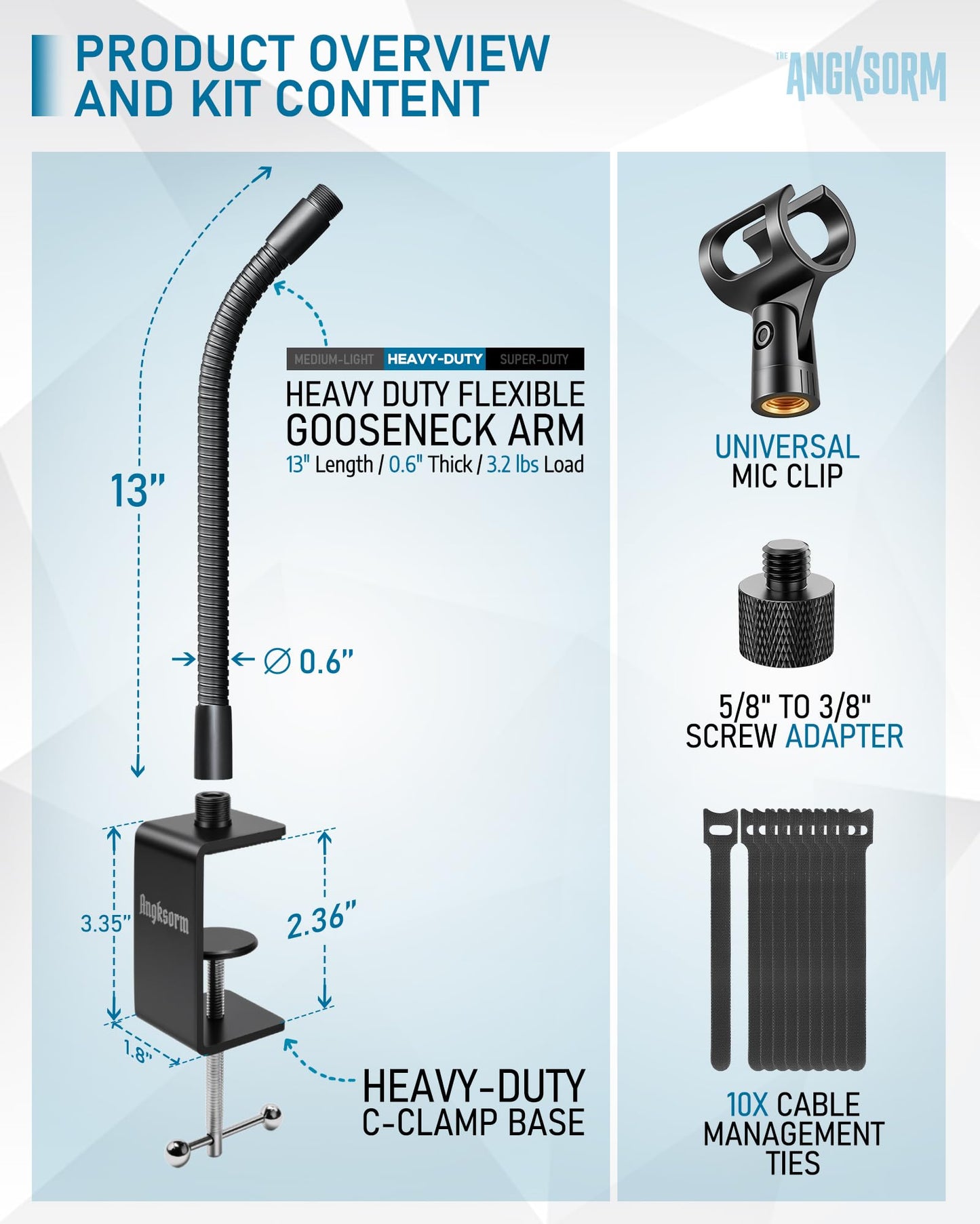 13-INCH Gooseneck Mic Stand, Clip on Gooseneck Desktop Microphone Stand Holder with Heavy Duty C-Clamp Mount for Podium, Lectern, Voice-Over, Gaming, Recording, Studio, Cameras, Smartphones, Lights