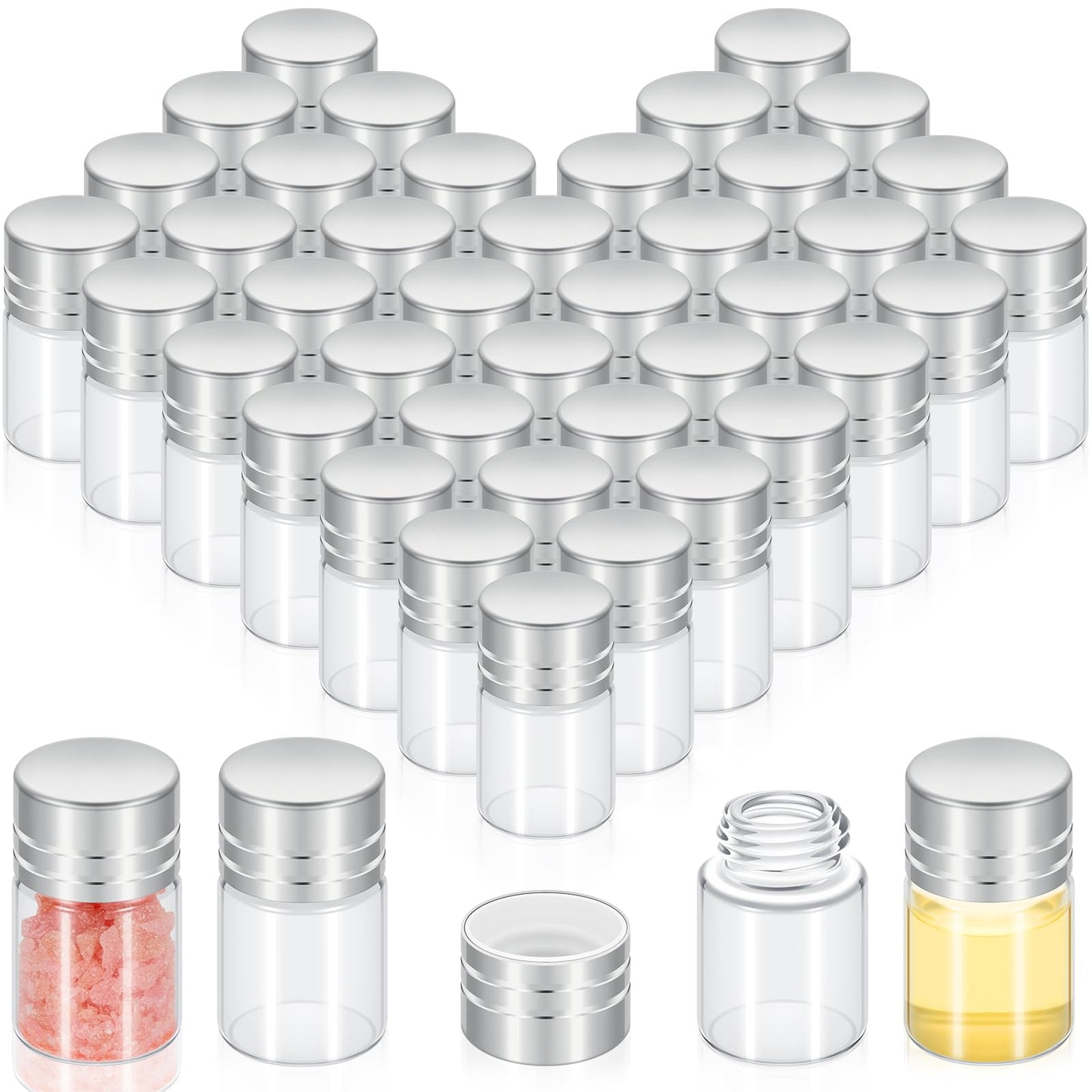 Didaey 50 Pcs Mini Glass Bottles with Screw Caps 2ml Tiny Glass Vials Small Clear Jars Empty Wishing Gift Bottles Jars Tiny Vials Containers for DIY Storage Art Craft Decor (Silver)