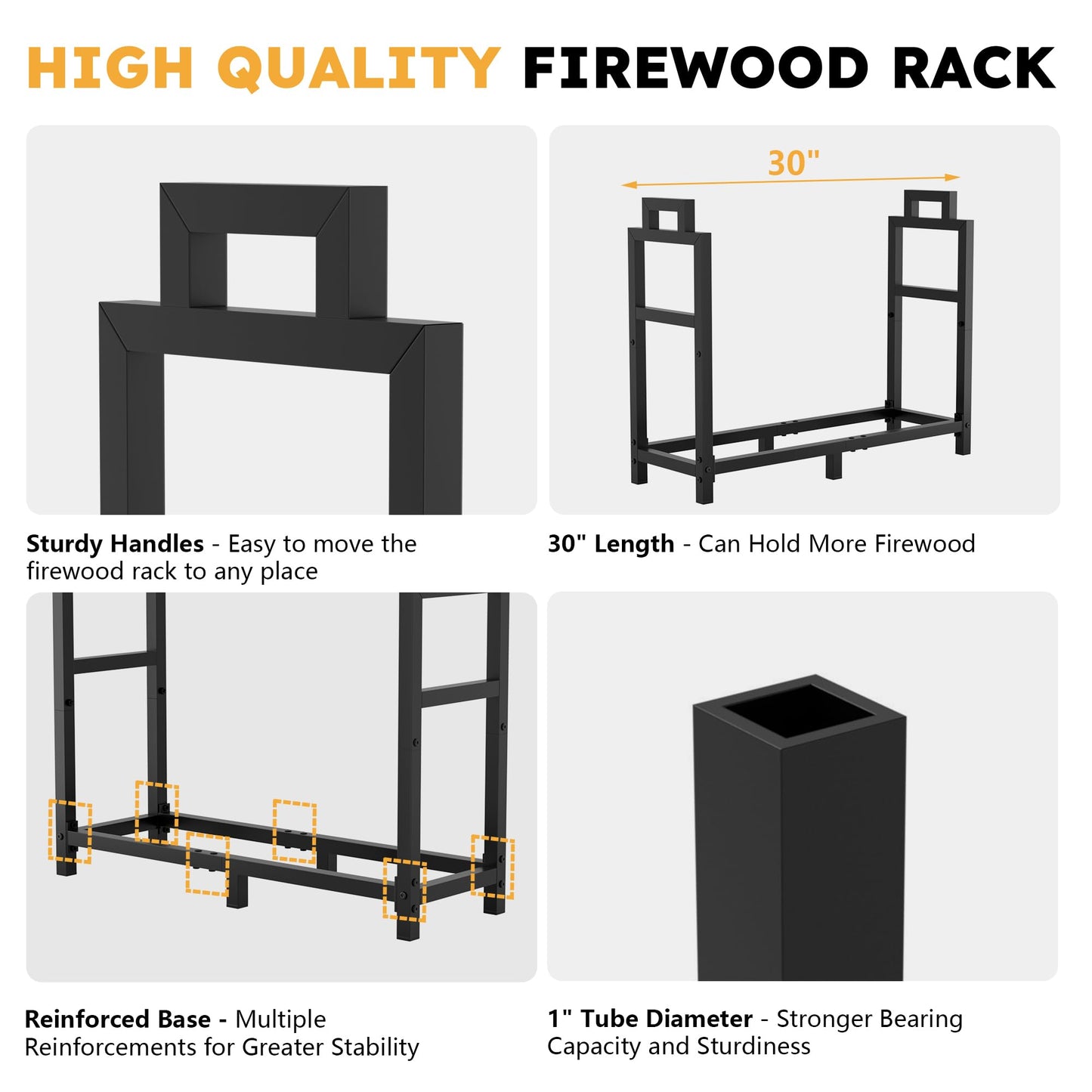 30 Inch Firewood Rack Outdoor Indoor with Handle and Log Carrier Bag, Stable Metal Wood Rack Heavy Duty Log Holder for Fireplace Patio Deck, Rustproof Firewood Storage Organizer Tool, Black, Square
