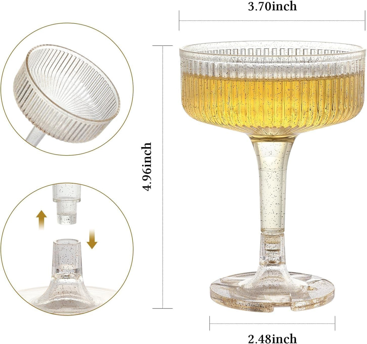 SOBECHOI 4-Tier Champagne Tower with 20 PCS 7oz Gold Glitter Plastic Flutes, Butterfly Shape Vertical Stripes Design - Shatterproof Reusable Toast Glasses for Weddings, Celebrations