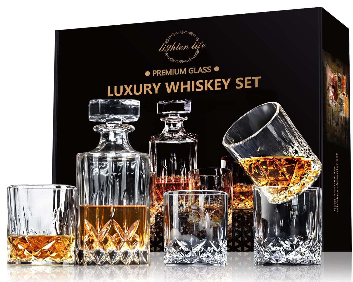 LIGHTEN LIFE 5 Piece Whiskey Decanter Set, Non-Lead Crystal Bourbon & Scotch Decanter with 4 Glasses in Gift Box for Men & Dad