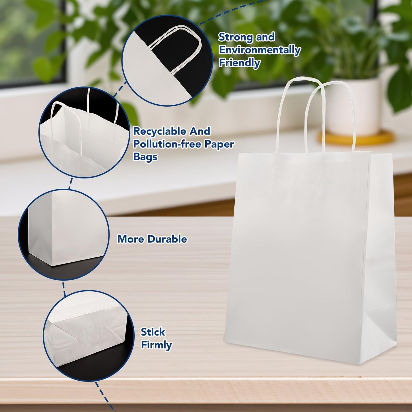 BURVAGY 100Pack White Paper Bags 8x4.5x10 Inch, Plain Medium Paper Bags with Handles Bulk, Kraft Paper Gift Bags, Retail Bags, Party Bags, Shopping Bags, Favor Bags