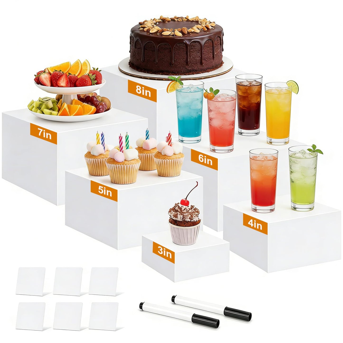 6 Pcs Acrylic Buffet Risers, 3x4x5x6x7x8 Inch Food Risers for Buffet Table, Catering Dessert Cake Holder for Party, Collectibles Jewelry Display Shelf, Stackable Cube Boxes Display with Hollow Bottoms