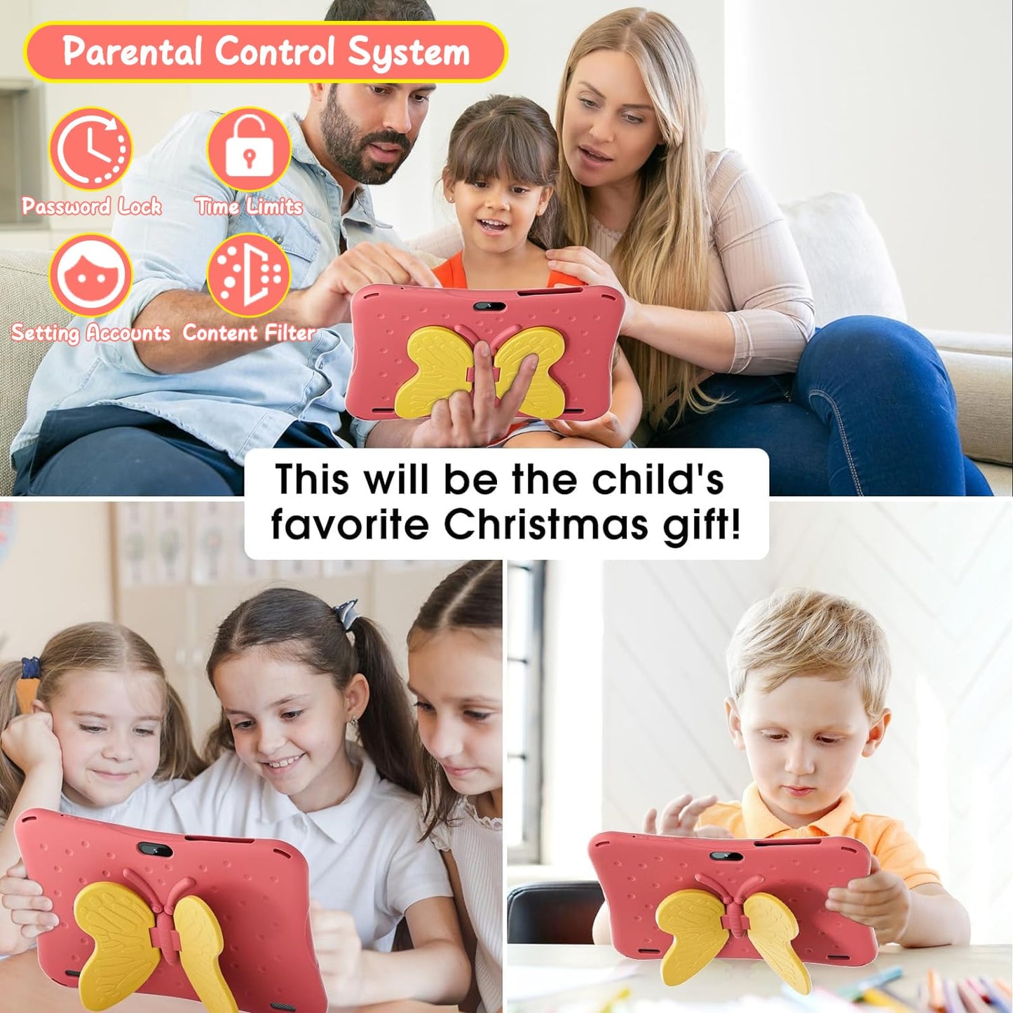 Android Tablet 10.1 inch,Tablet for Kids with Kids Case, 4(2+2) GB RAM 64GB ROM, 5000mAh, 1280 * 800 Display, Dual Camera, WiFi, Kidoz Pre Installed, Parental Control, Android 13, Pink