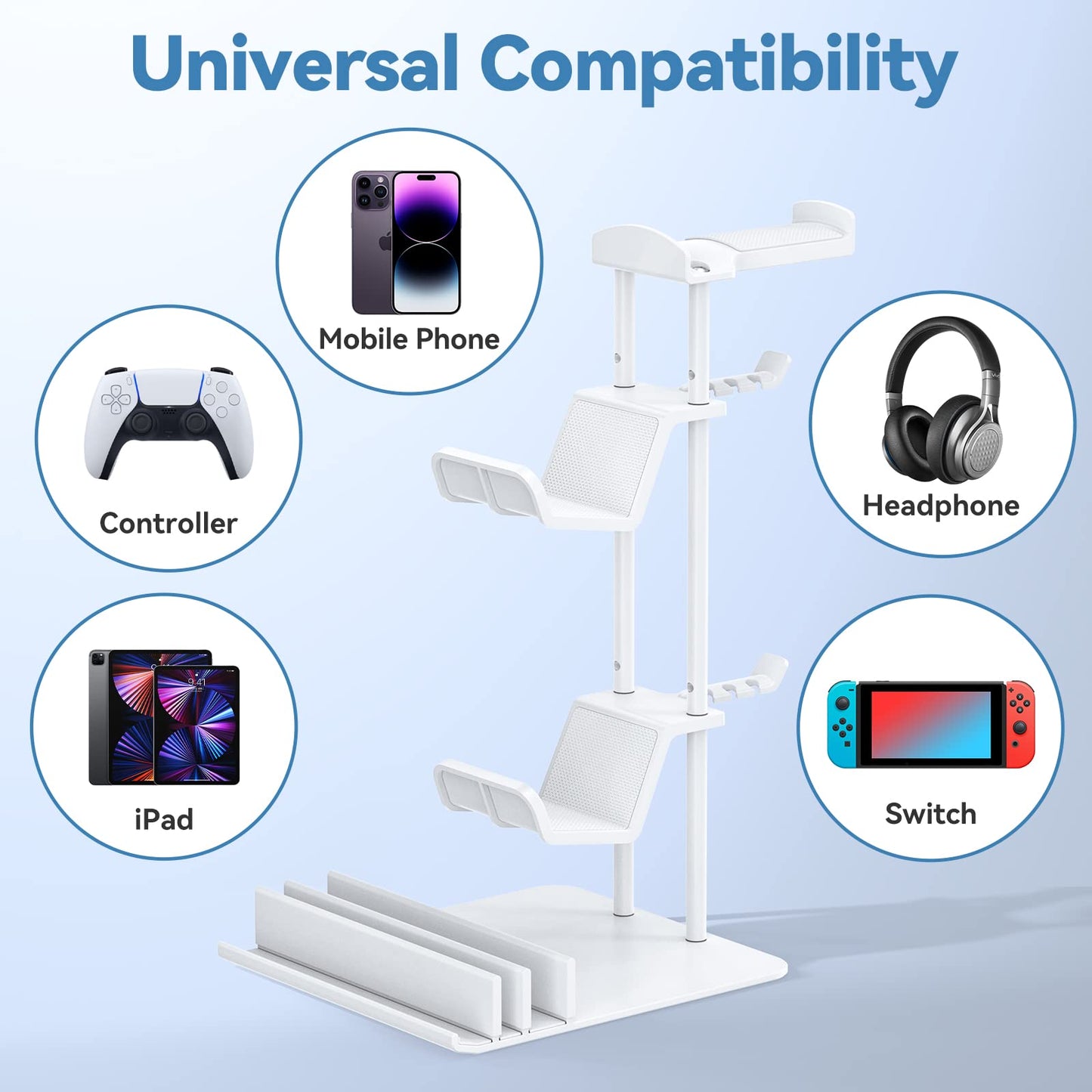 KDD Headphone Stand, Game Controller Holder & Headset Holder for Desk, Earphone Stand with Aluminum Supporting Bar, Universal Storage Organizer Headphones/Controller/Switch/iPad/Mobile Phone(White)