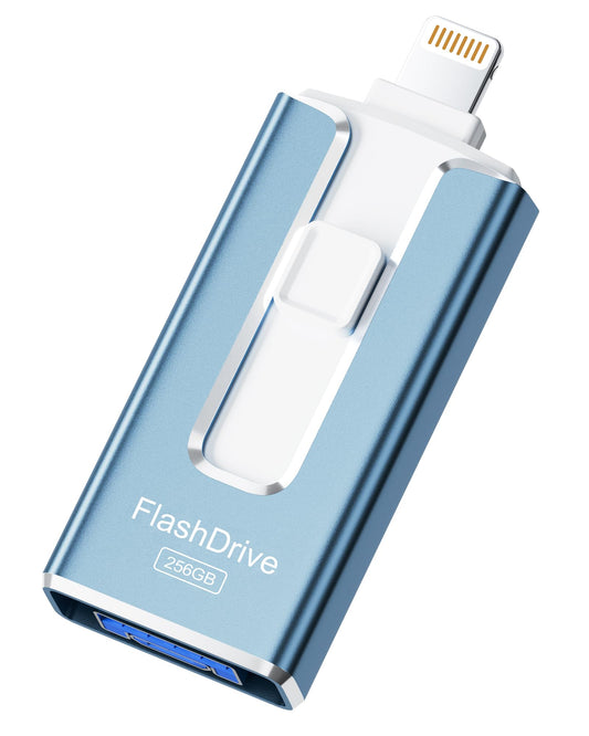MFi Certified Flash Drive for iPhone Photo Stick USB Stick USB Drives External Picture Video Storage Memory Expansion for iPhone/Android/iPad/PC (Blue, 256GB)