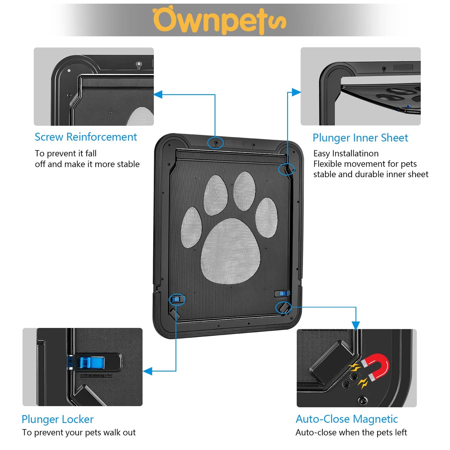 Ownpets Pet Screen Door, Magnetic Flap Screen Automatic Lockable Black Door for Small Dog and Cat Gate,Easy to Install (Large 12" x 14")