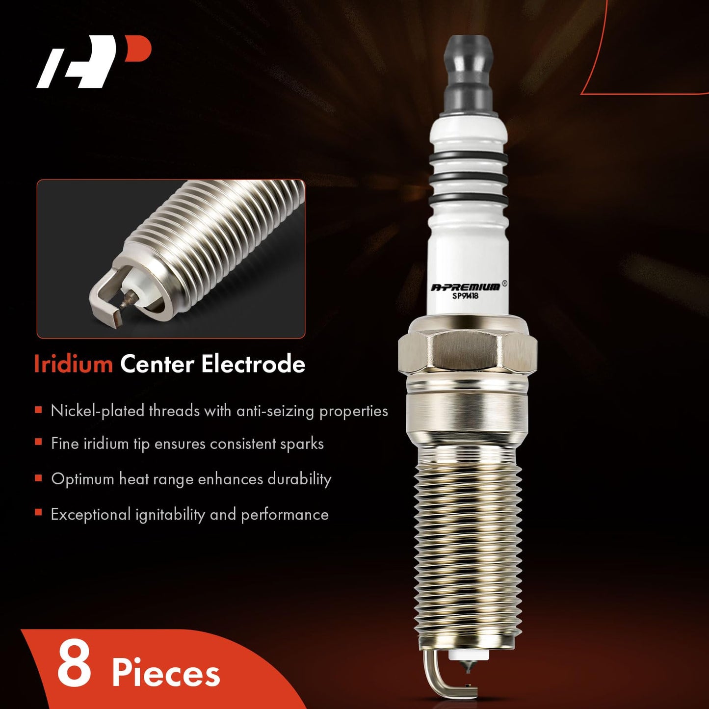 A-Premium Iridium Platinum Spark Plugs Compatible with Chevrolet Silverado 1500, 2500/3500 HD, Tahoe, Camaro, Suburban, Corvette & GMC Sierra 1500, Yukon, Yukon XL & Cadillac Escalade, Pack of 8