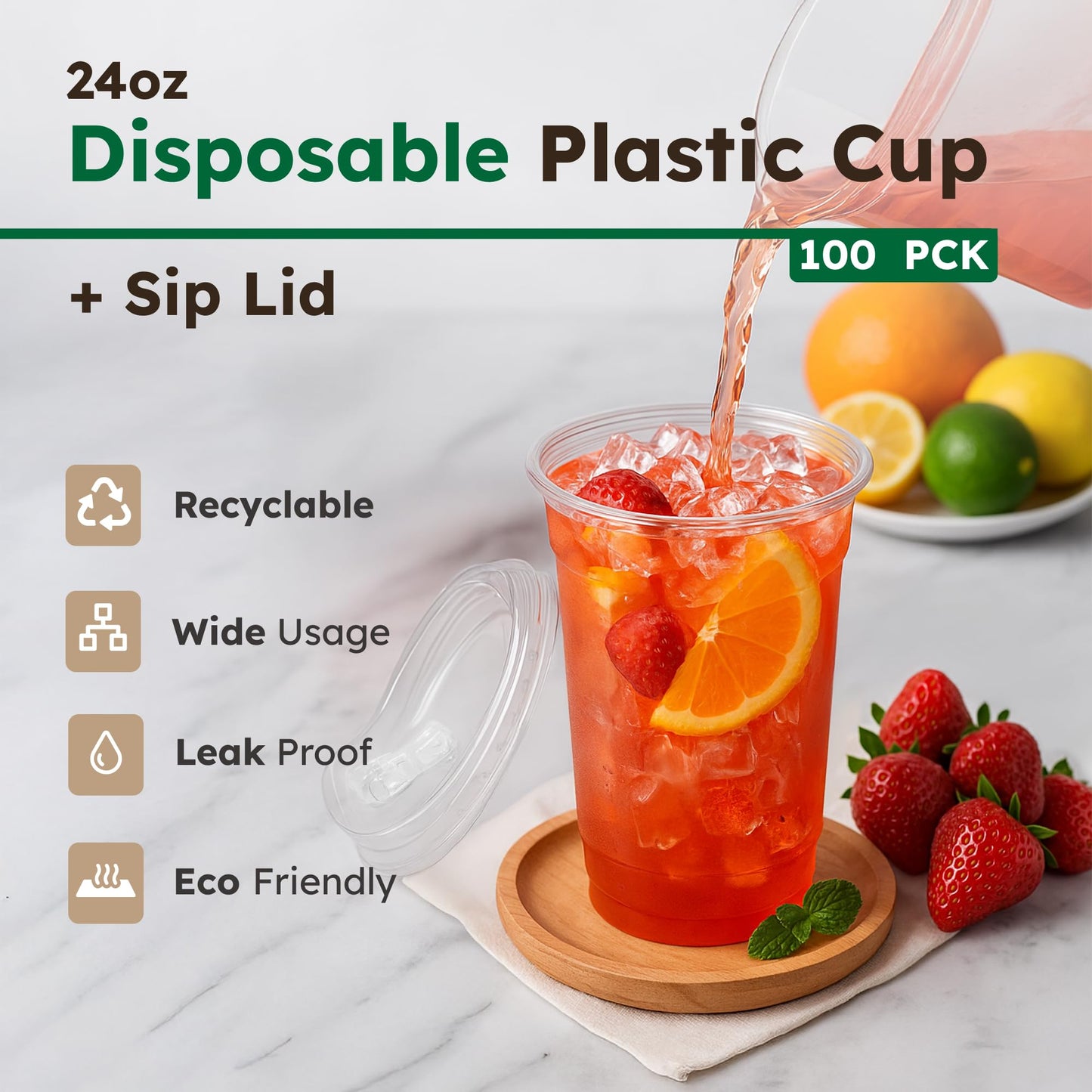 24oz Disposable Plastic Cups with Strawless Sip Lids – Set of 100 Clear PET Cups with Flat Sip Cover for Cold Beverages – Pack with 100 Units, 24 oz