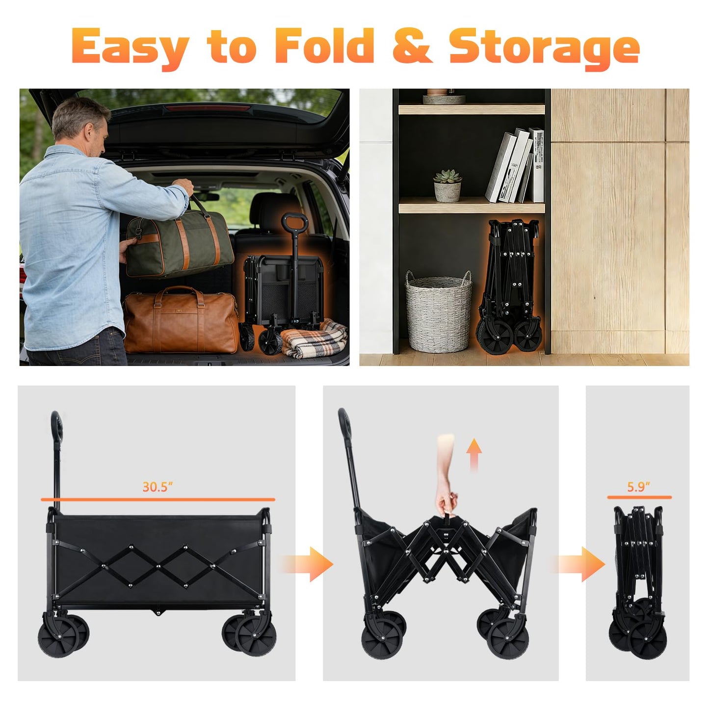 220LBS Collapsible Foldable Wagon Carts - Heavy Duty Portable Folding Utility Wagons with All-Terrain Wheels for Grocery Sports Shopping Camping Garden Beach, 2 Drink Holders/Lightweight/Black
