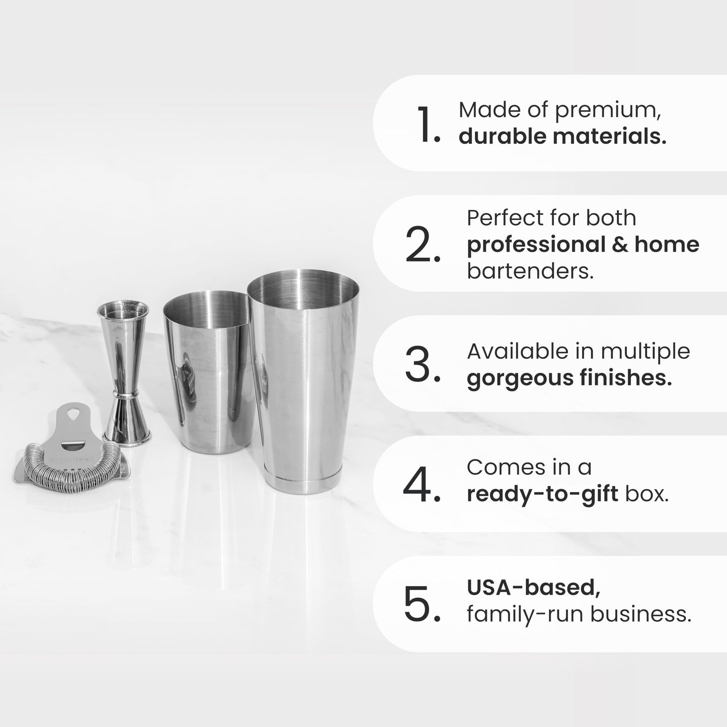 Boston Shaker Set: Professional Two-Piece Stainless Steel Cocktail Shaker Set with Hawthorne Strainer and Japanese Jigger