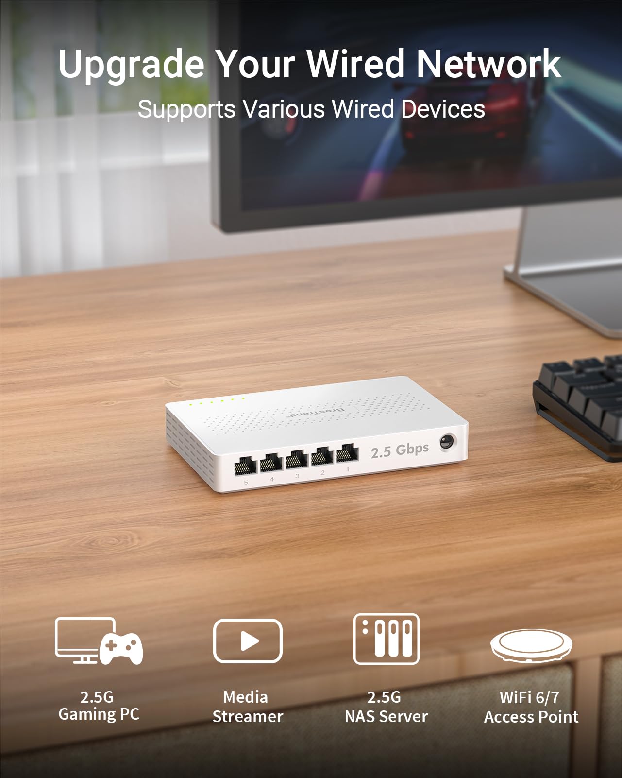 BrosTrend 5 Port 2.5Gb Ethernet Switch, Multi-Gigabit Unmanaged Network Switch for Gaming, NAS, PC, 2.5G Ethernet Splitter Hub, Plug & Play, Fanless Design, Desktop / Wall-Mount, Lifetime Protection