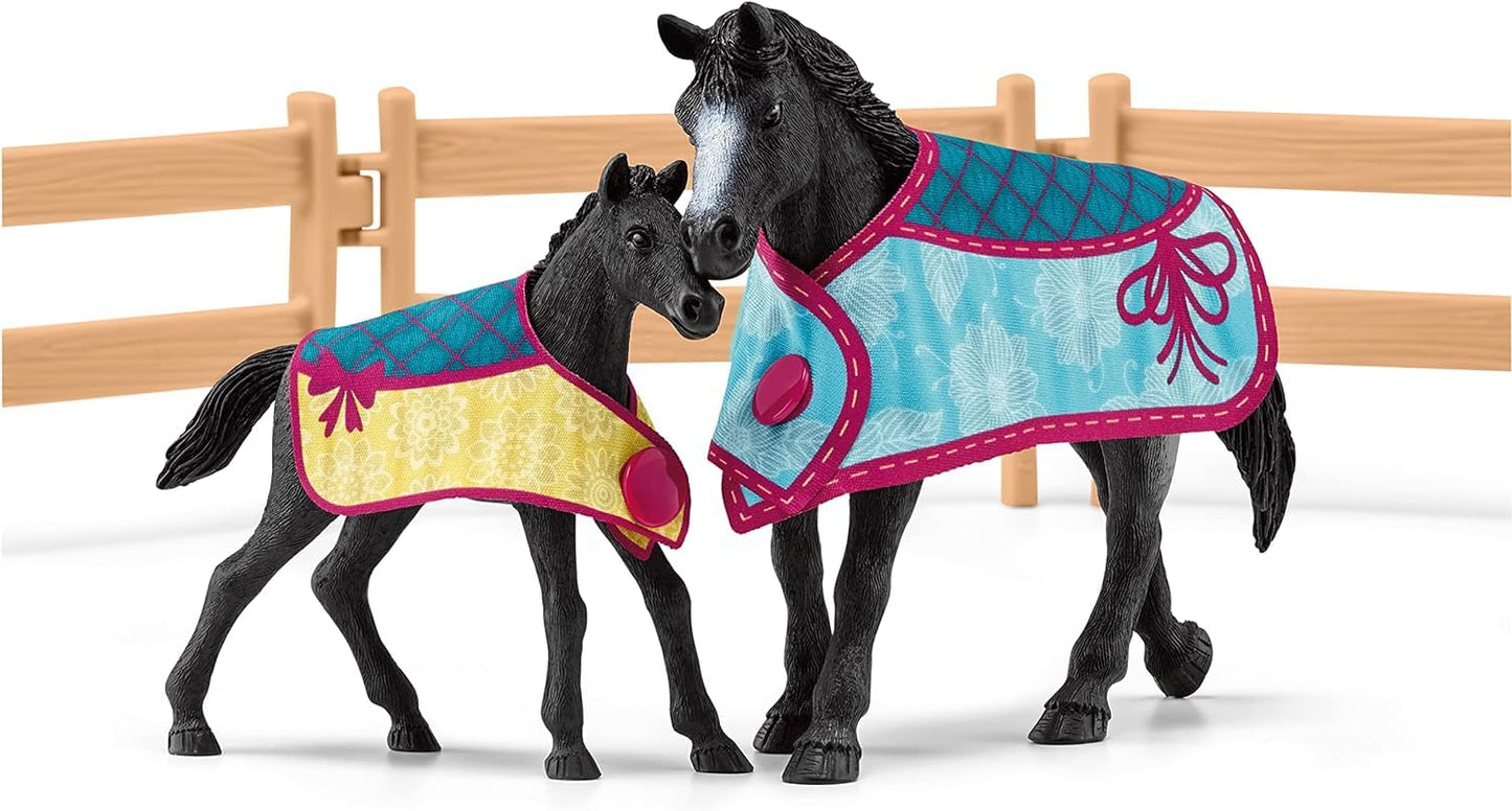 Schleich Horse Club - 34PC Stall Extension Horse Toy Playset with Mare and Foal Figure, Cat Figurine, and Accessories - Stable Set for Girls and Boys - Interactive, Realistic Kids Toys Ages 5+ - 42611