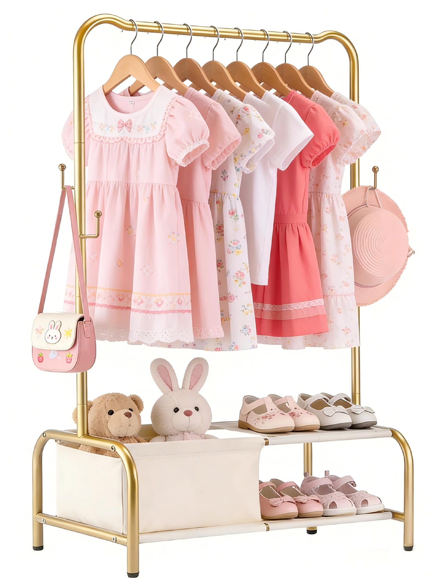 Kids Clothing Rack with Storage Shelf - Portable Kids Dress Up Rack for Baby Clothes, Costumes - Heavy Duty Toddler Garment Organizer, Closet for Kids Room, Girl Gift Idea -Gold