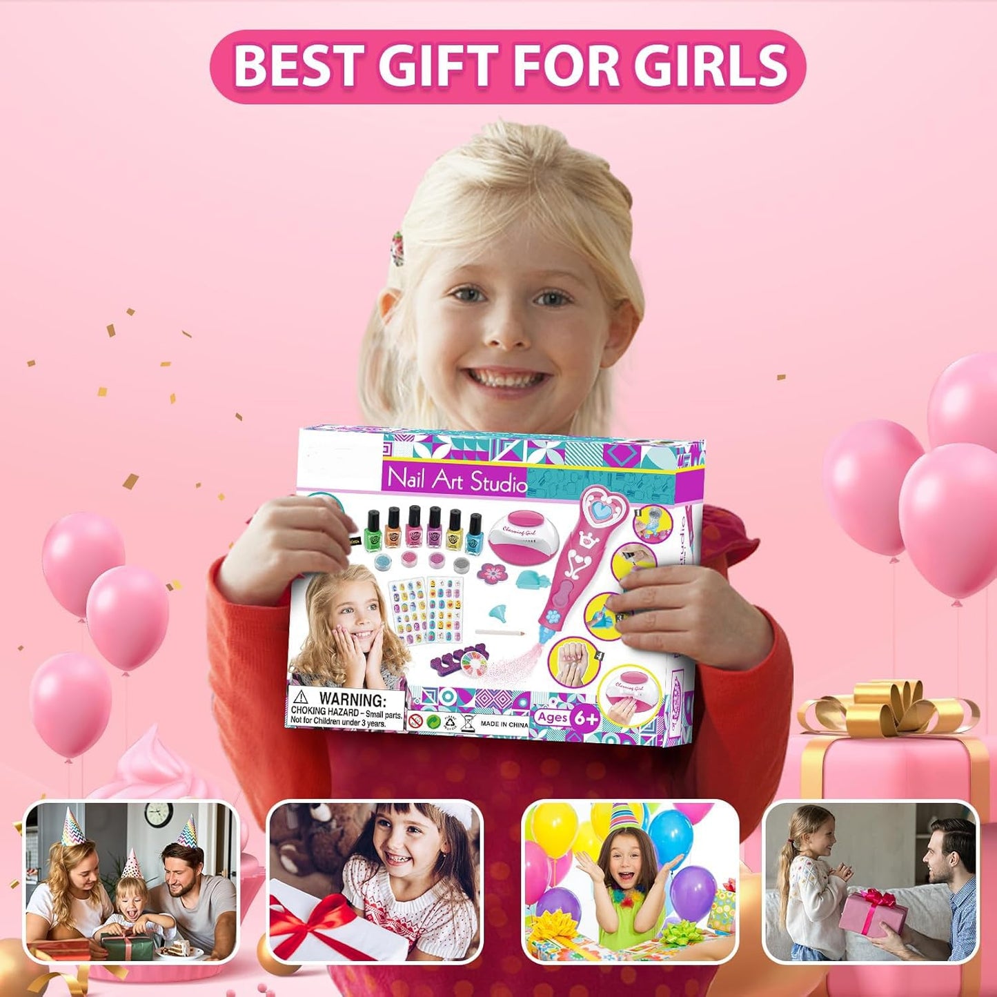 Kids Nail Polish Set for Girls, Nail Art Kits with Nail Dryer & Glitter Pen, Quick Dry & Peel Off & Non-Toxic Nail Polish, Christmas Birthday Gifts for Girls Ages 6 7 8 9 10 11 12