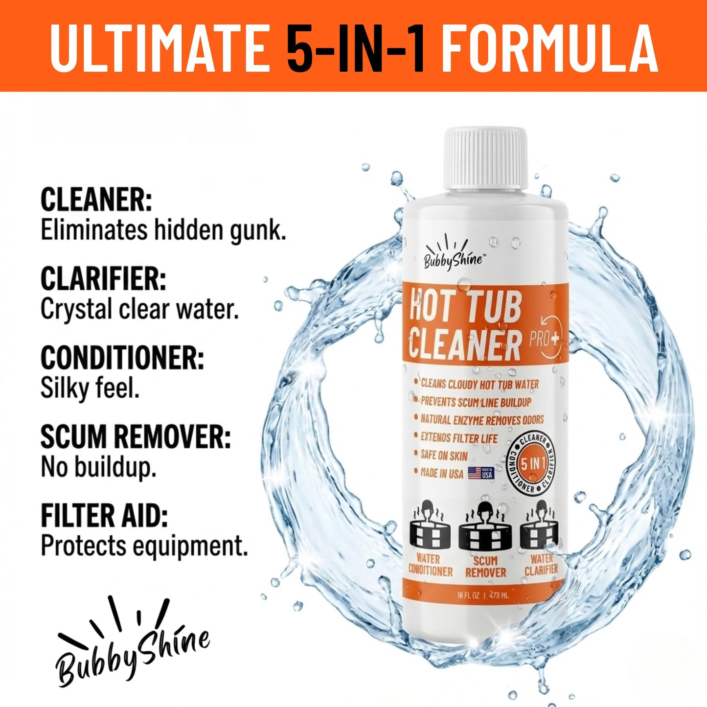BubbyShine, 5in1 Weekly Hot Tub Cleaner - Spa Clarifier, Natural Enzyme, Conditioner, Scum Absorber, Inflatable Tub Chemicals Starter Kit, Spa Chemicals Cleaner (16 Weeks)