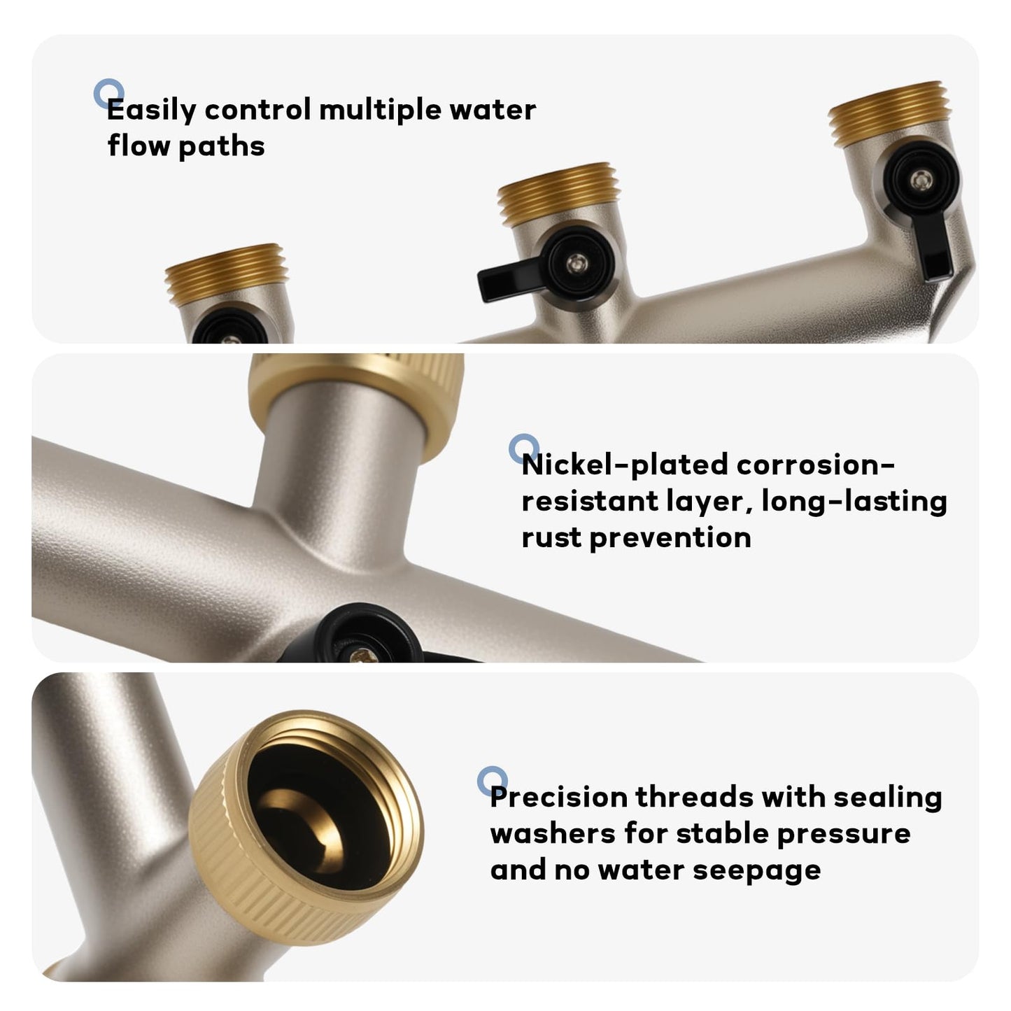 MEASUREMAN 3-Way Heavy Duty Brass Garden Hose Splitter Kit Leak-Proof Water Distributor with Shut-Off Valves 3/4" Faucet Connector for Garden, Lawn, RV & Irrigation