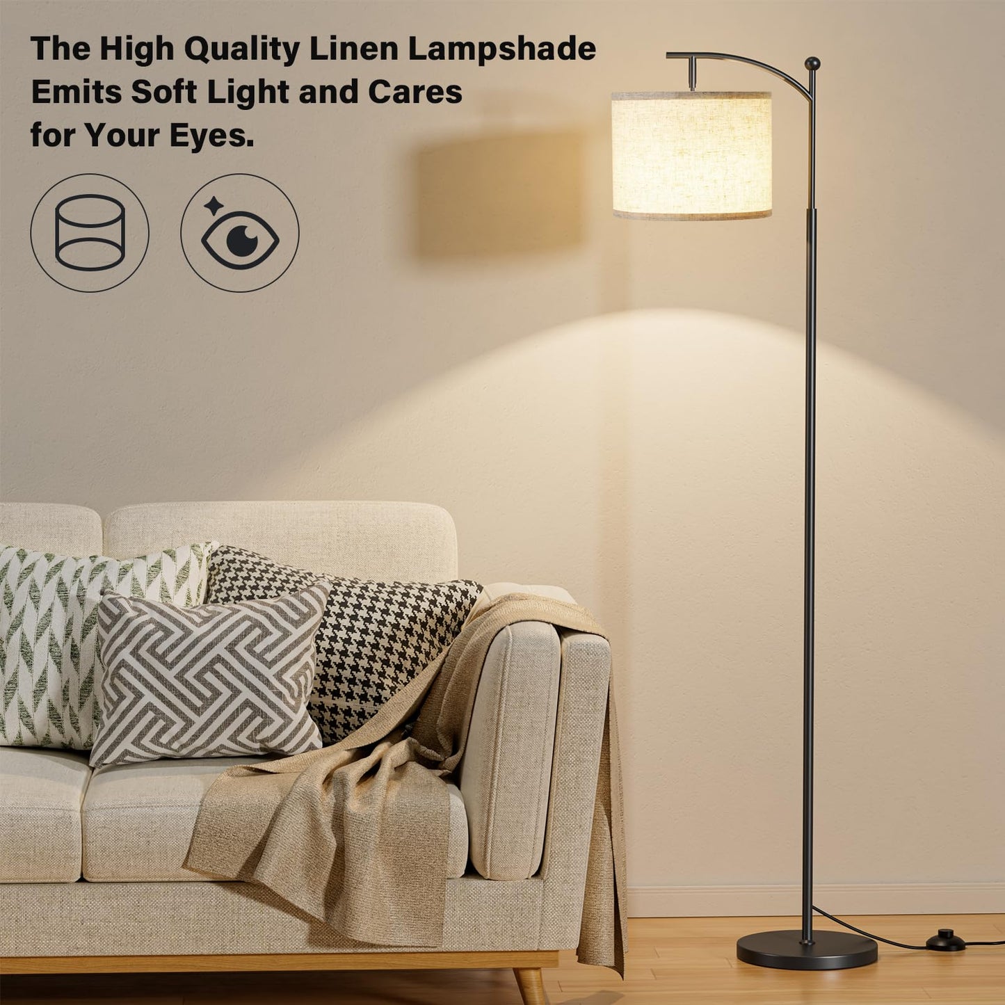 Ambimall Floor Lamp with Remote Control and Stepless Dimmable Bulb, Colors Temperature & Brightness Adjustable, Modern Floor Lamps for Living Room（Beige Shade & Black Pole）