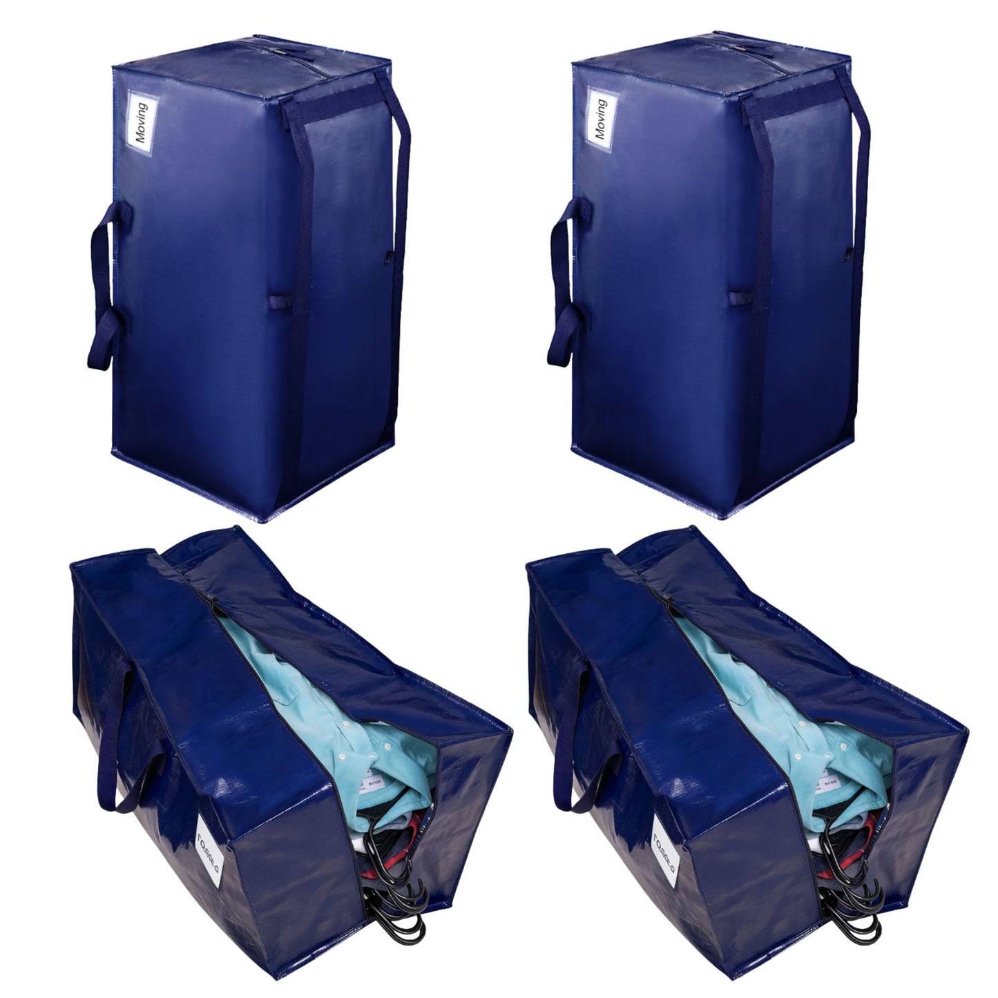 VENO Extra Large Moving Bags with Backpack Straps, Cloth Storage Tote Bag Container with Sturdy Zipper and Strong Handles Moving Supplies Boxes College Dorm, Traveling, Camping (Blue, 4 Pack)