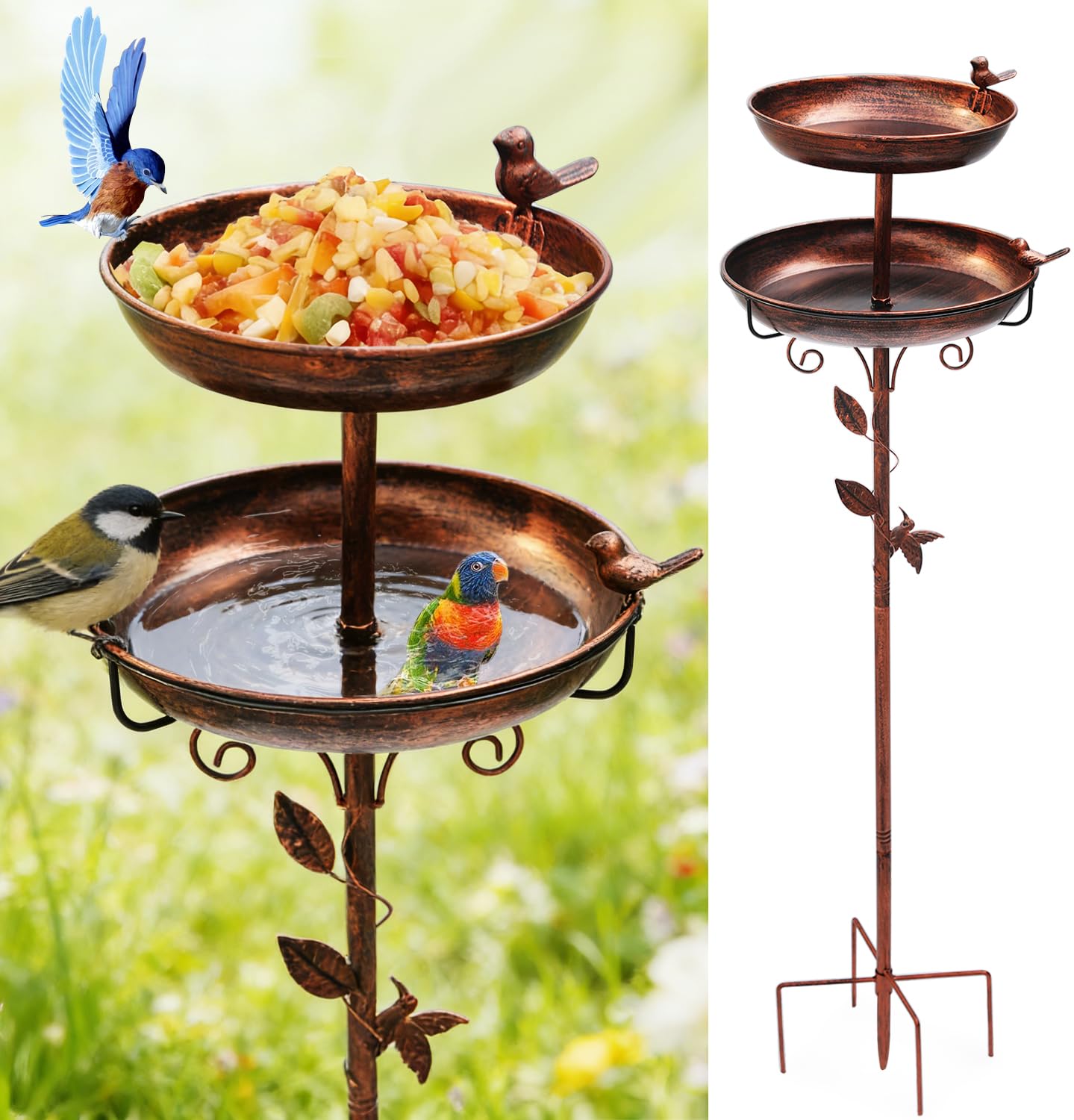 Metal Bird Bath for Garden – 42in 2-in-1 Birdfeeder & Birdbath with Bird & Leaf Design, Double Bowls, Upgraded 5-Prong Base — Bird Baths for Garden Patio Yard Lawn Decor