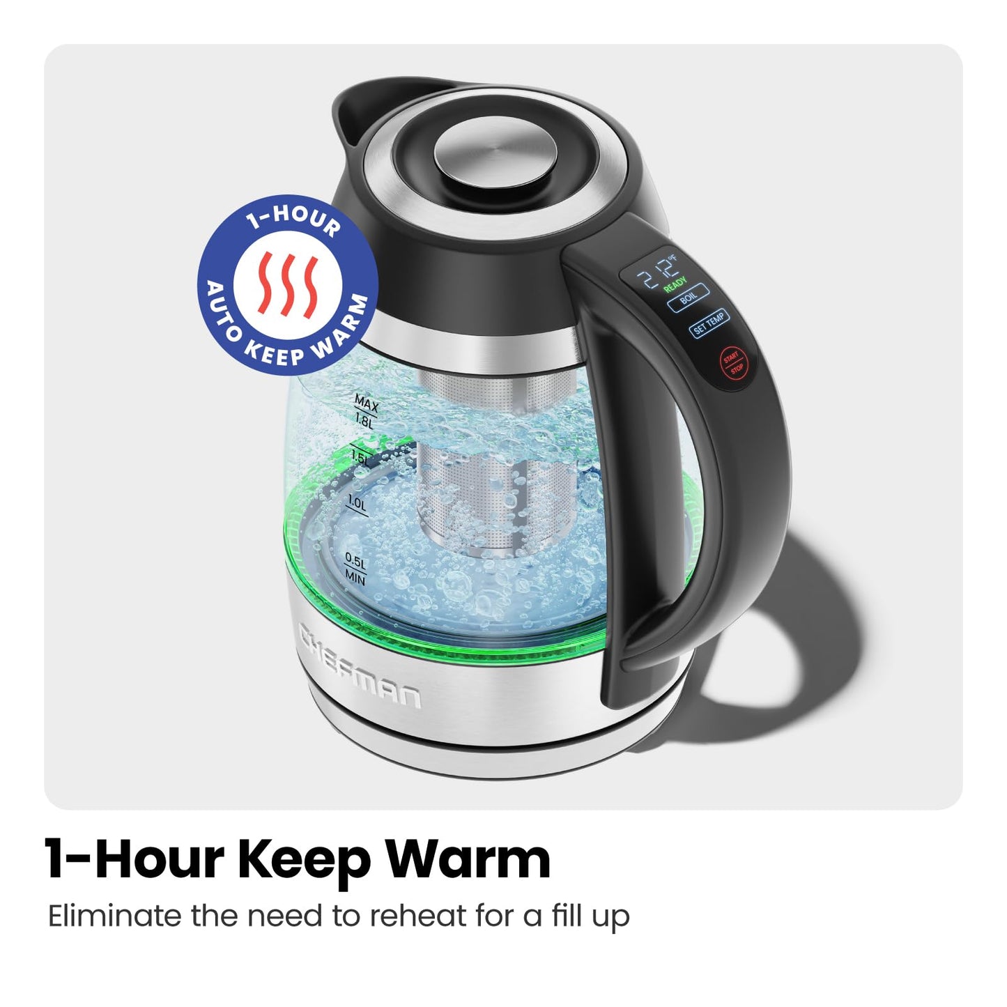 CHEFMAN Electric Kettle with Digital Temperature Control, 1.8L 1500W with Tea Infuser, Hot Water in 3 Minutes, Auto Shut Off, Keep Warm, Borosilicate Glass Electric Tea Kettle – Stainless Steel