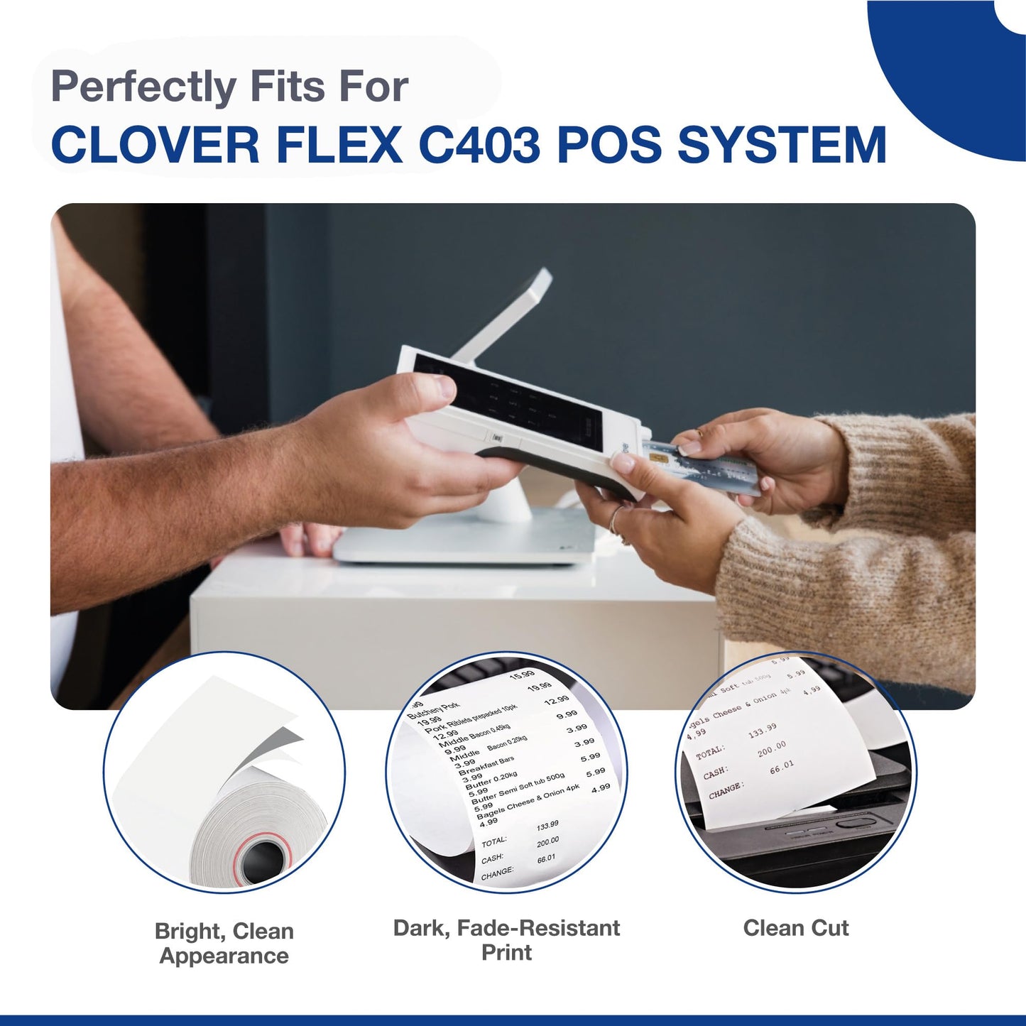 Clover Flex Paper Rolls - 30 Rolls - 2 1/4'' x 50’ - 55 GSM - Credit Card Clover Flex Receipt Paper for C401, C403, C405, C406