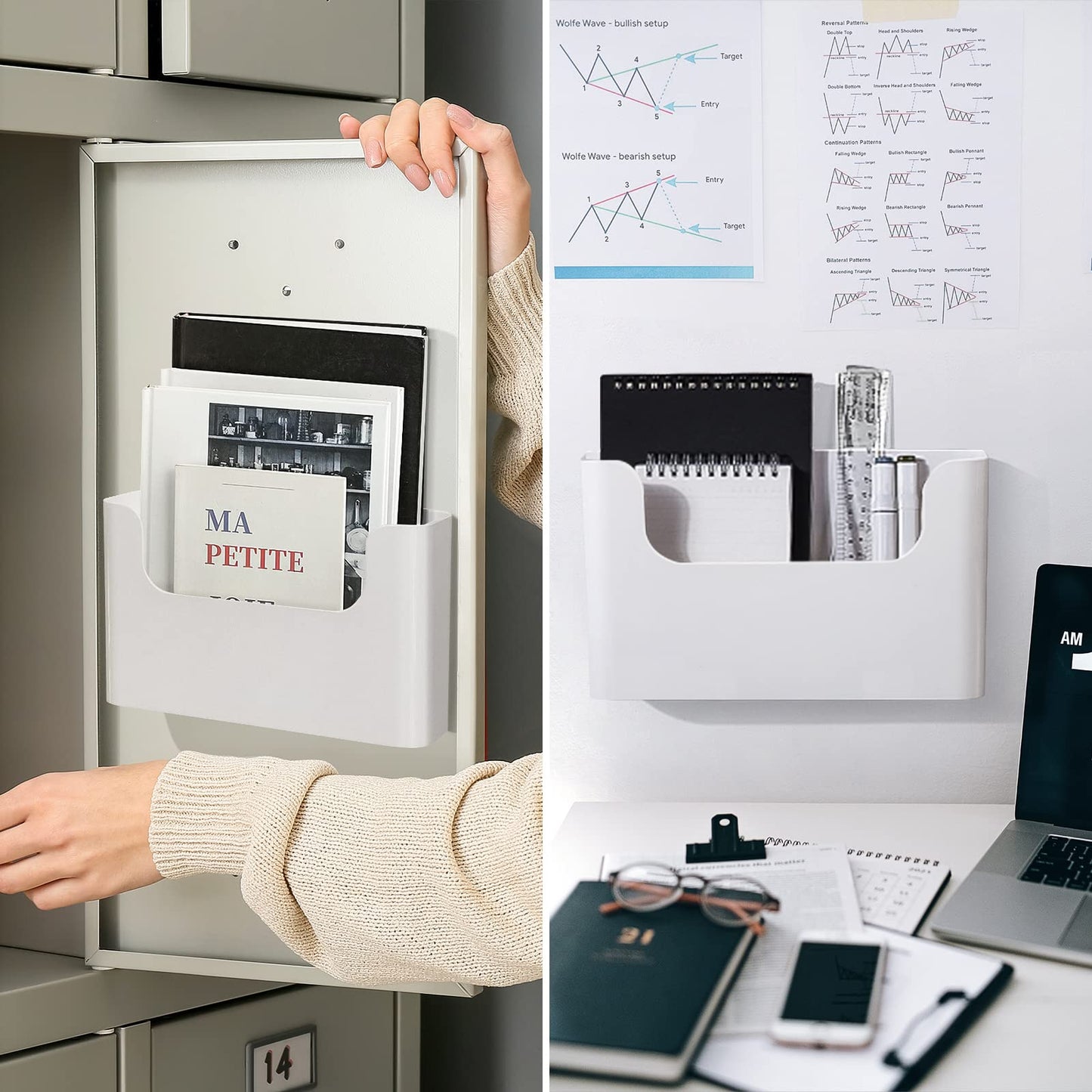 FKTXCO 3 Pack Wall Mount Folder Holder File Organizer No Drilling File Holder Hanging File Door Office Magazine Mail Holder Mail Supplies Storage Envelope Planner Wall Single Pocket Off White