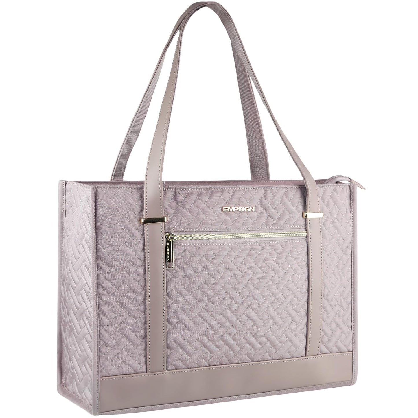 EMPSIGN Laptop Tote bag for women 16 Inch, Stylish Computer Shoulder Tote Bag for Work, Large Capacity Quilted Laptop Briefcase, Waterproof Women Business Office Bag, Quilted Grey Pink